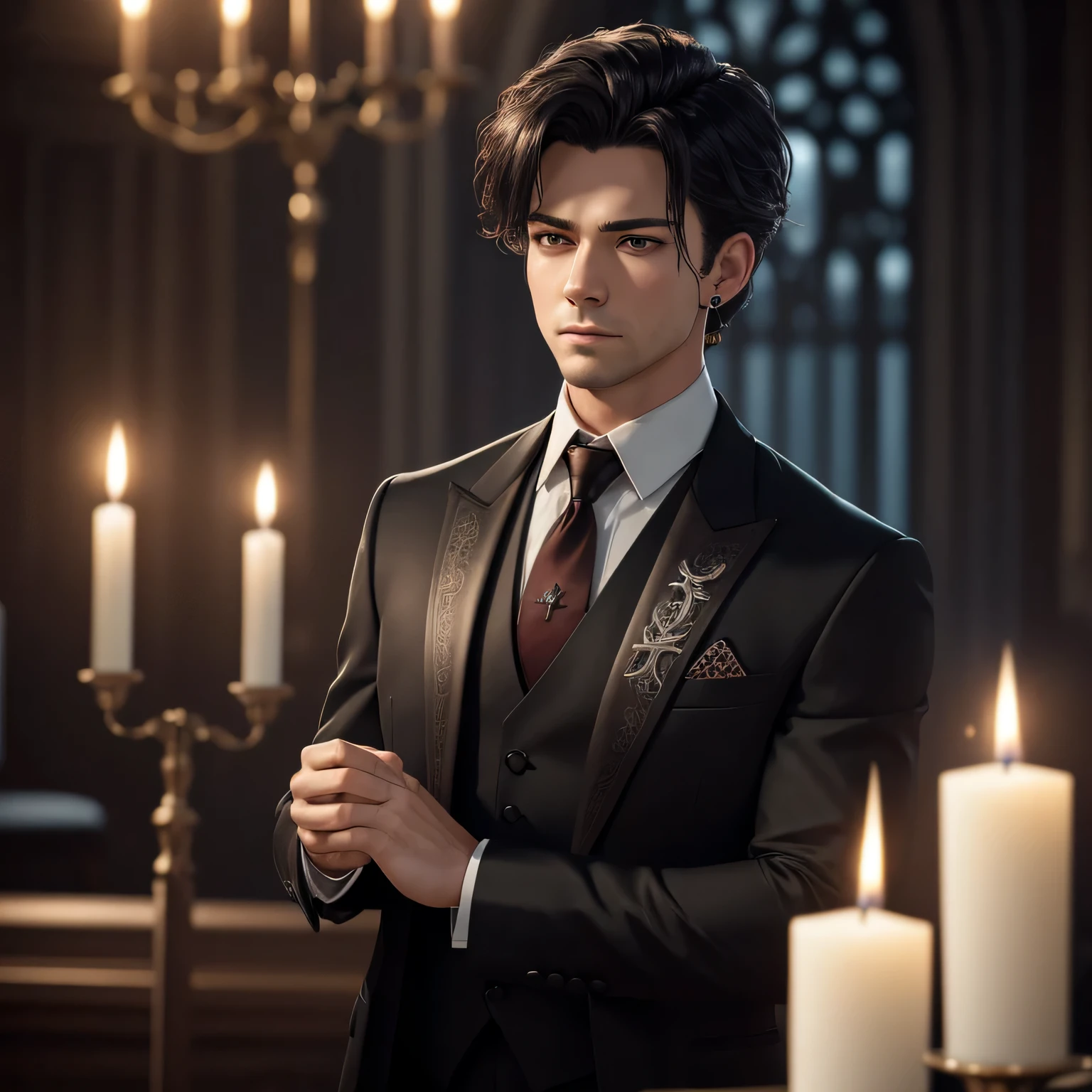 (Masterpiece), best quality, highest quality, highly detailed CG unity 8k wallpaper, original, high resolution, (depth of field: 1.5), fidelity: 1.3, masculine, groom portrait style, boy facing right, altar background, black wedding suit, red wedding necktie, solo, earrings, black_hair,