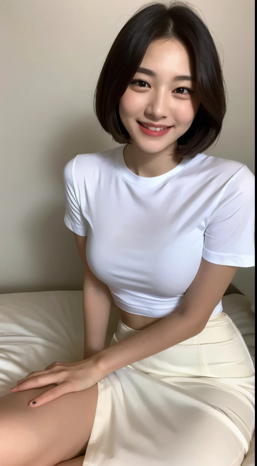 white tight shirt、white tight mini skirt、bed、smile、short sleeve、high resolution、Korean idol face