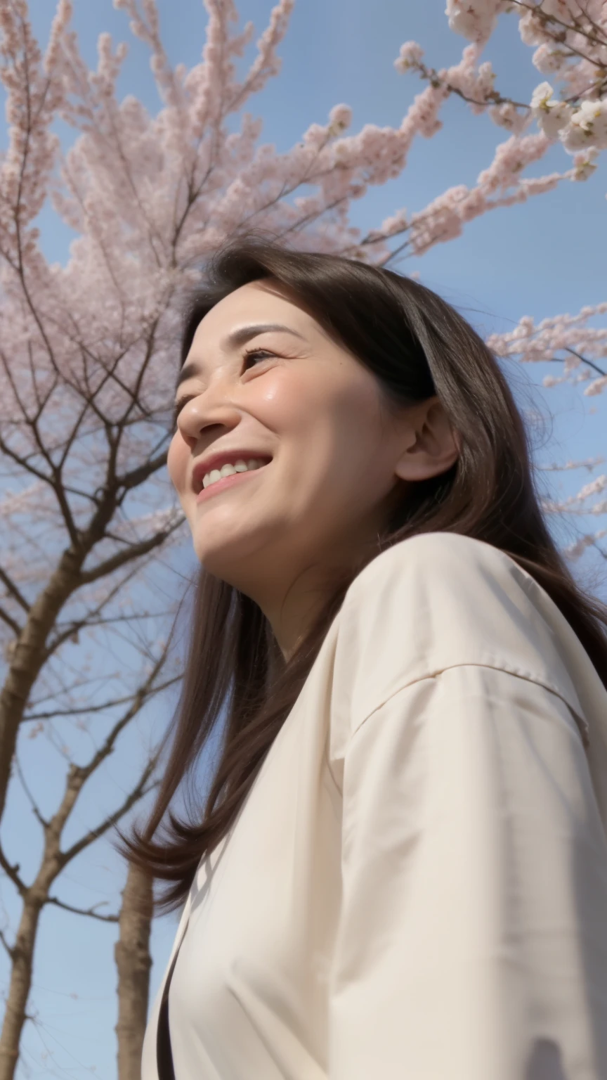 NSFW, ((highest quality)), ((8K)), ((masterpiece:1.3)), (perfect appearance), (photorealism:1.2), ((A woman walking under a blooming cherry tree)), japanese woman, (47 years old), married woman, ((High quality skin texture 1.6)), (Age-appropriate skin roughness:1.6), (dull skin:1.2), moisturized skin, (wrinkles on the face:1.2), (Wrinkles at the corners of the eyes:1.2), double eyelids, Tear bag on lower eyelid, (Crying Kuroko:0.9), long hair, (ウェーブしたlong hair), (Hair hanging over the ears), (hair blowing in the wind), Thin blouse with wide neckline, flare long skirt, smiling kindly, (Stand with your legs shoulder-width apart), high heels, ((whole body)), (standing position), vagina visible, (super low angle:1.5), (Angle from directly below:1.4),