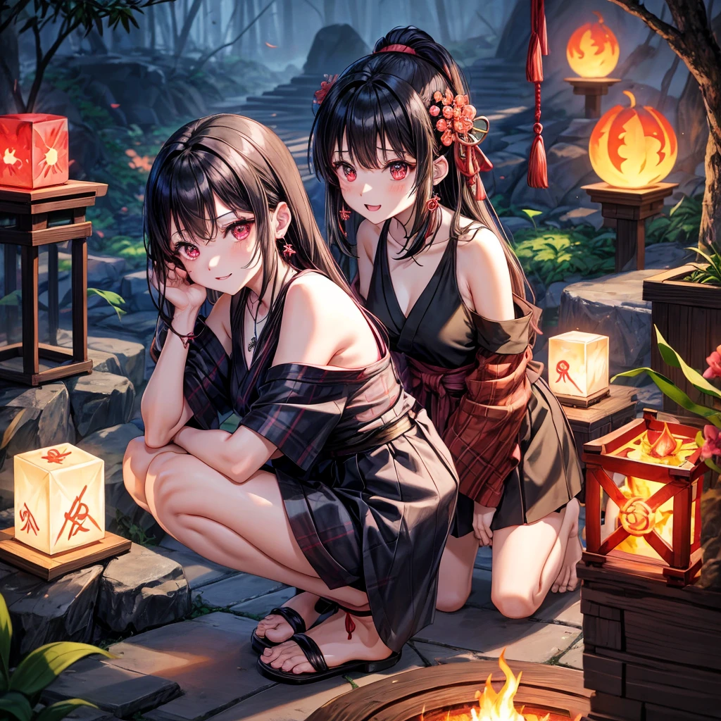 Pink-black hair、red eyes、one good looking girl、solo、anime、plaid mini skirt、black camisole、black t-shirt、kimono、wearing a ribbon、ribbon at waist、stone slabs are piled up、crystal earrings、jewelry necklace、Light and shadow、clock、universe、vine plant、petal、tilting one's face、teeth are visible、fire spirit、book of magic、Cube、bamboo forest、lava、Plum blossom、squatting down、Have a kokeshi、moonlight
