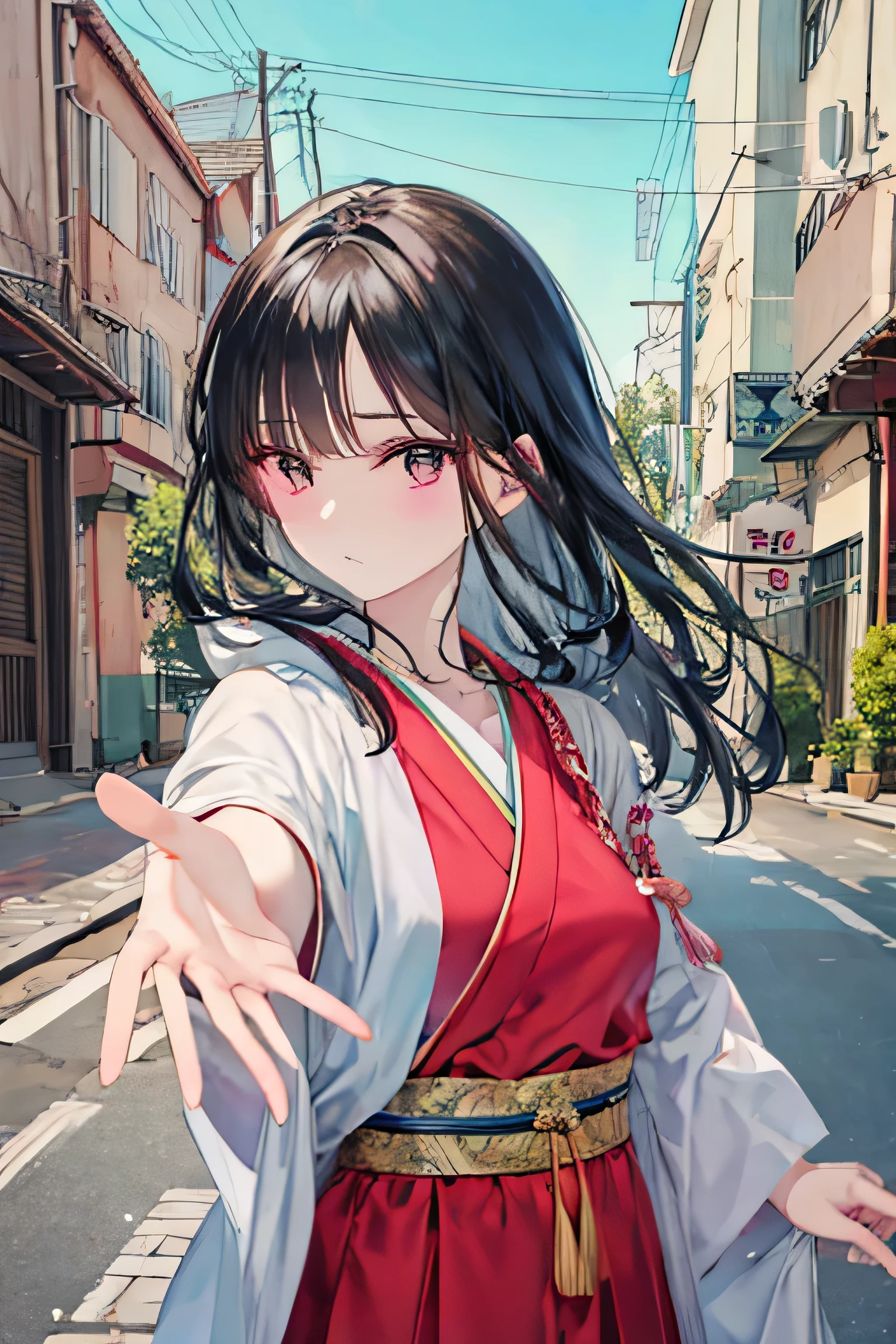 anime girl standing in front of a Japanese traditional building, anime style 4 k, anime style. 8k, anime wallpaper 4 k, anime art wallpaper 4k, anime wallpaper 4k, anime art wallpaper 4 k, beautiful anime portrait, anime visual of a cute girl, nightcore, digital anime illustration, beautiful anime girl, anime vibes , (black long hair:1.3), straight hair, reaching out a hand, [street], saying"come on" 