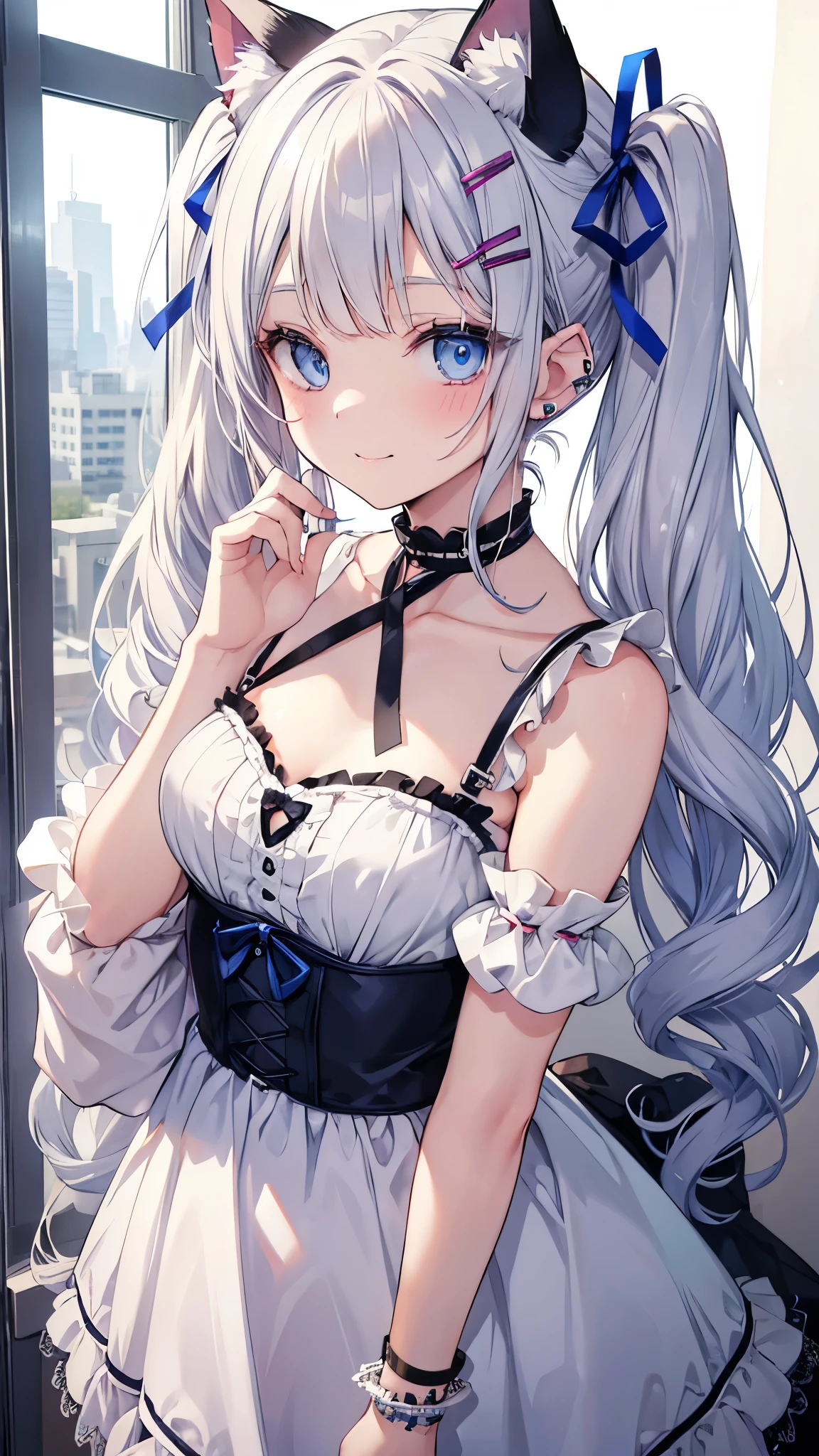 (masterpiece, best quality:1.2), cowboy shot, solo, 1girl, vestia zeta, virtual youtuber, smile, looking at viewer, hair ribbon, hair ornament, maid dress, single thighhigh, thigh strap, maid,