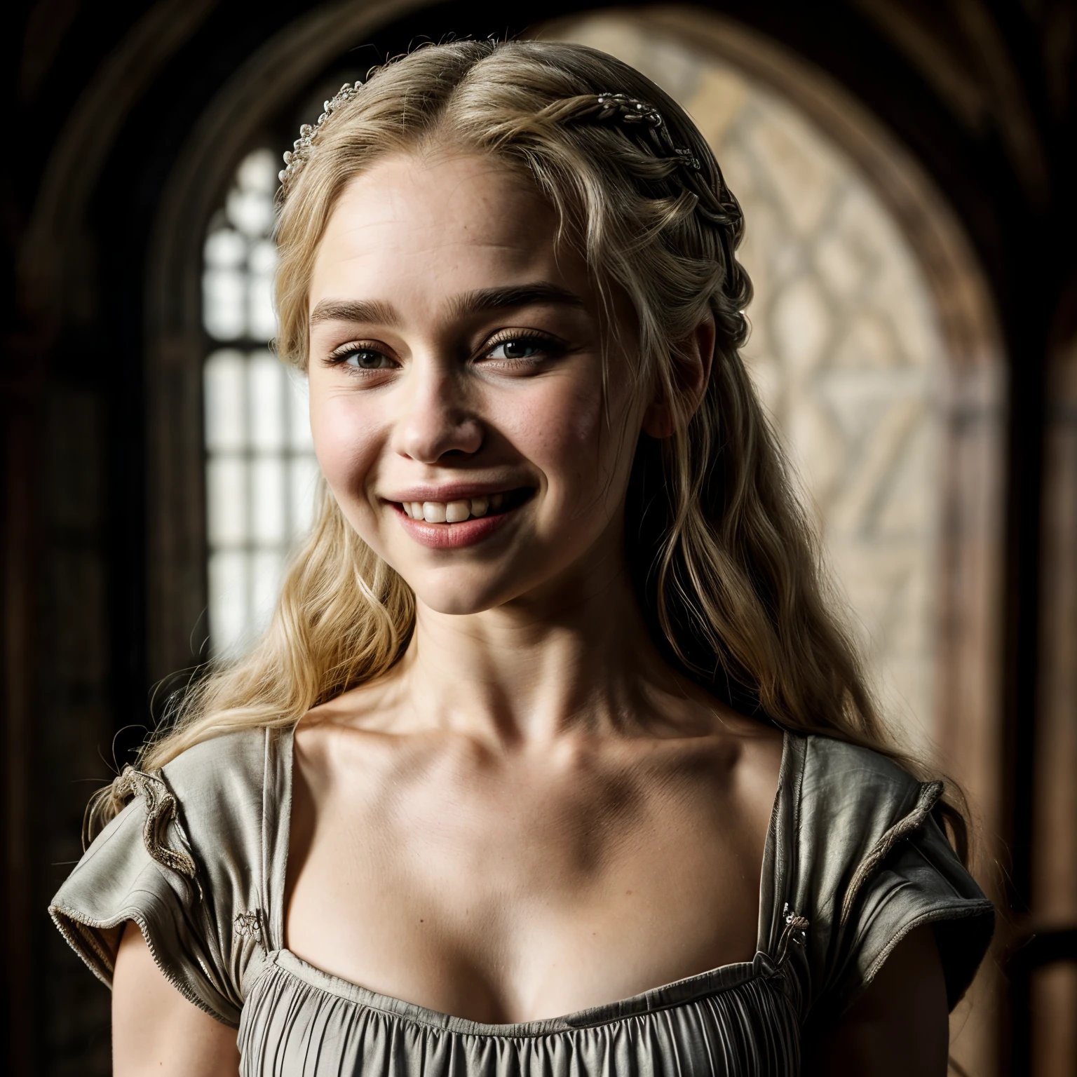 (best quality, 10k, high-resolution, masterpiece:1.2), ultra-detailed, (photo-realistic:1.37), ((best quality)), ((masterpiece)), (detailed), perfect face, ((Emilia Clarke as a 12-year-old Princess Daenerys Targaryen in Kings Landing in an ultra-mini dress)), ((pretty smile with cute dimples)), ((12-year-old facial features)), ((perfect well-drawn anatomy)), ((perfect well drawn hands)), ((full length body)),