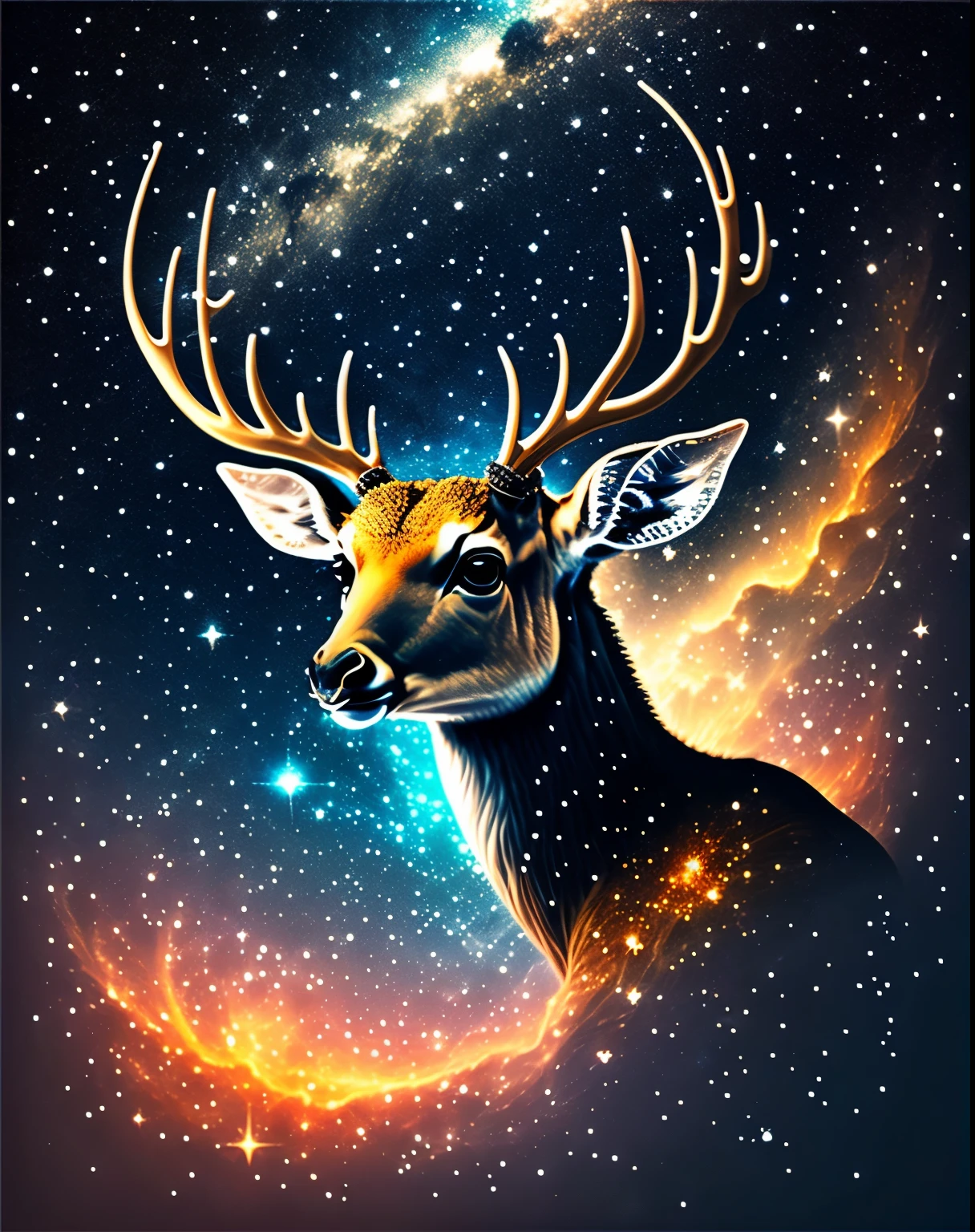 Deer with antlers muzzle in space, Star, nebula, universe