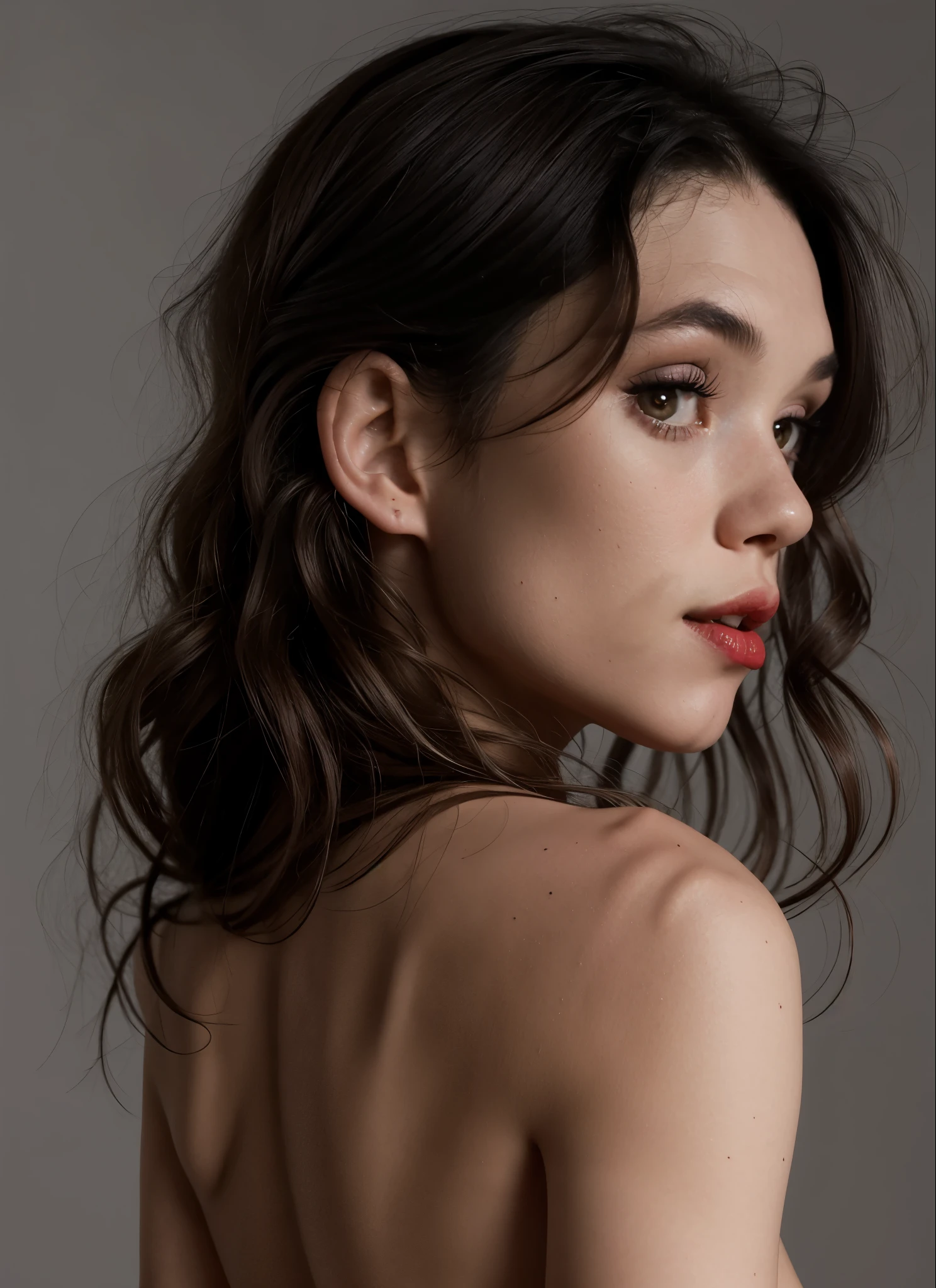 AstBrgs, a completely nude woman profile portrait  over the shoulder with long hair and red lips and makeup, grey background, epic character composition