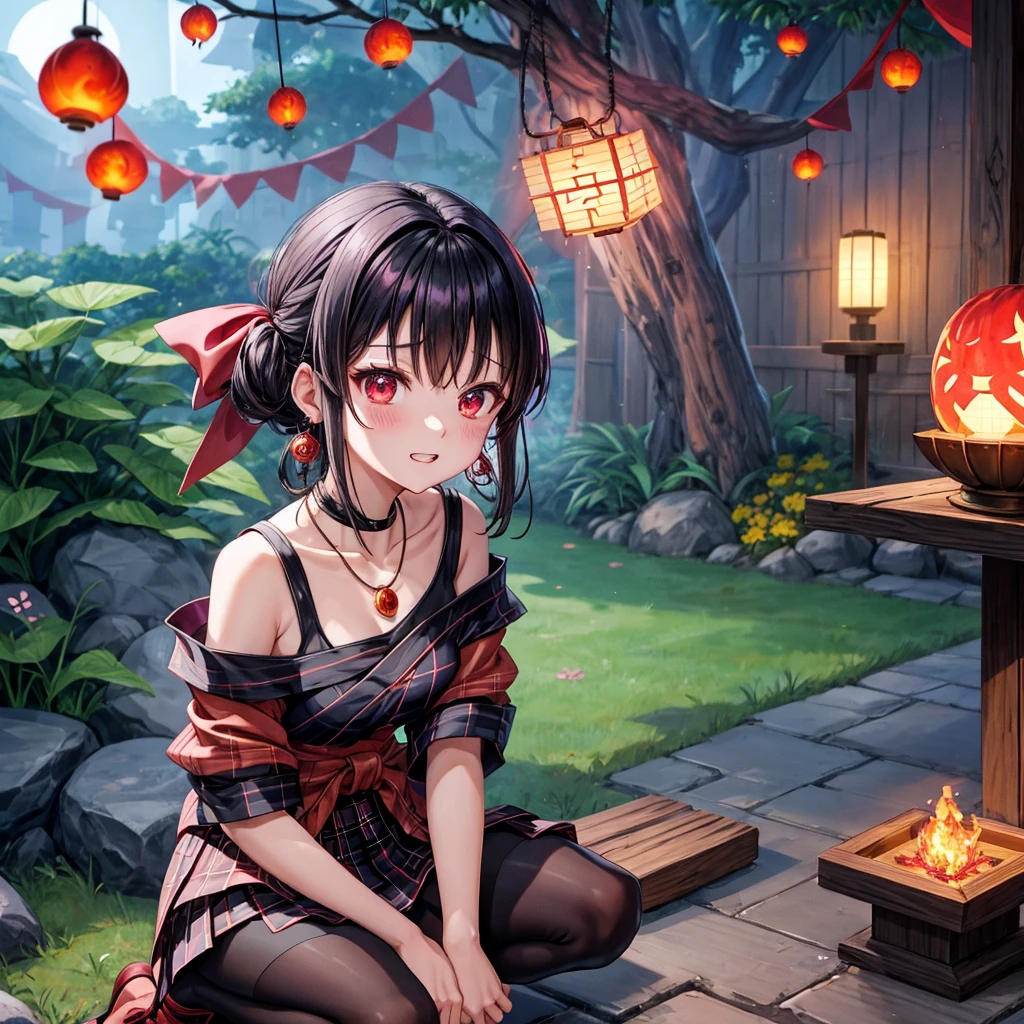 Pink-black hair、red eyes、one good looking girl、solo、anime、plaid mini skirt、black camisole、black t-shirt、kimono、wearing a ribbon、ribbon at waist、stone slabs are piled up、crystal earrings、jewelry necklace、Light and shadow、clock、universe、vine plant、petal、tilting one&#39;s face、teeth are visible、fire spirit、book of magic、Cube、bamboo forest、lava、Plum blossom、squatting down、Have a kokeshi、moonlight