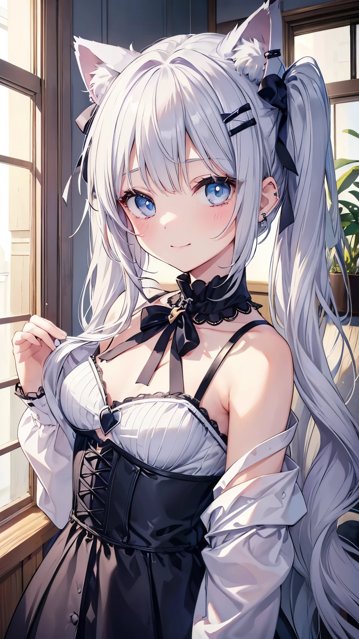 Silver-haired blue eyes、 girl、small breasts、twin tails、Nico Nico Smile、Looks about 15 years old、Petan Musume、lingerie、 girl、accessories、ear piercing、Cute Hairpins、hair ornaments、Gal-like、look of temptation、Cat ear