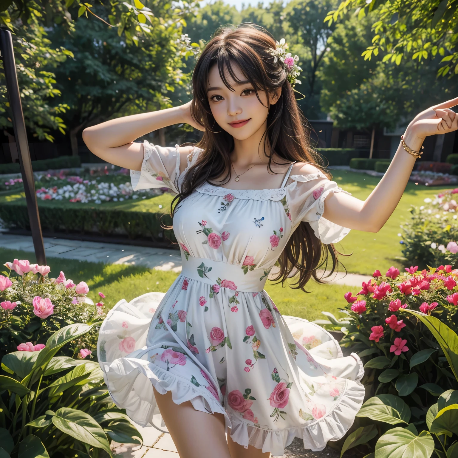 detailed description, In a garden full of flowers, under the sunlight, A girl wearing a floral dress is dancing, Shining and beautiful, Pretty girl with a nice smile, mysterious charm, masterpiece, Super high quality, ultra high resolution, super high quality, 8k raw photo:1.5,, super realistic:1.5, Depth of the bounds written, super hdr, Enchanting Dance, random pose, 