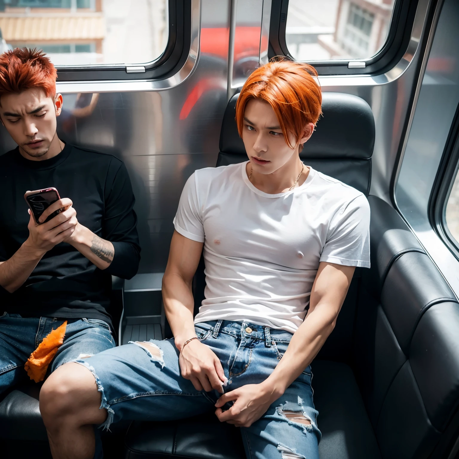 A man so angry that he explodes，There are three shining five-pointed stars on the head，A thin man with dyed hair wearing headphones，orange hair，fluffy，Playing games on mobile phone，His expression was angry and surprised，Three stars popped out of his head，He is playing games on the train heading to "Chengdu"，He is wearing white short sleeves and blue jeans，There is also a pair of super expensive AJ shoes，He was furious，He is gay。