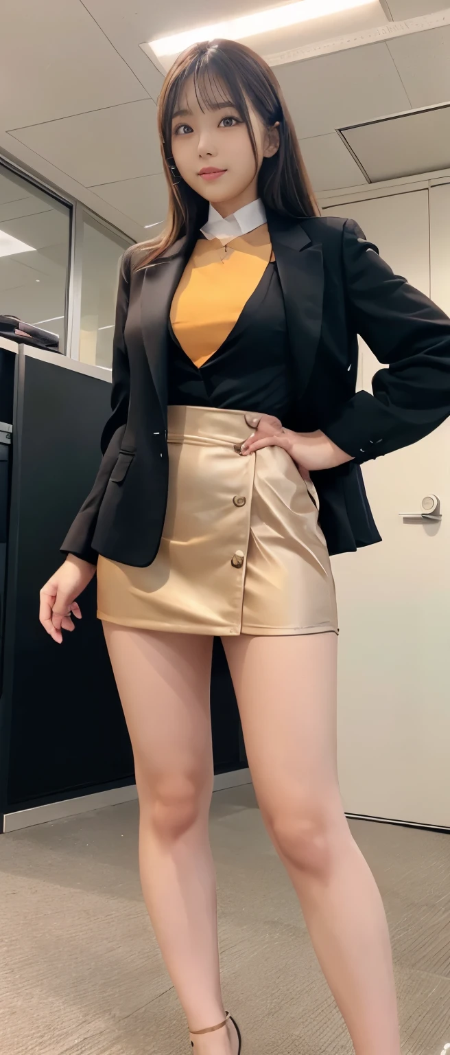 cute business girl、gold orange formal suit(Tight miniskirt 30cm above the knee)、black shirt、、good style、standing cool and upright、whole body、light brown pantyhose、long blonde hair、office Street、