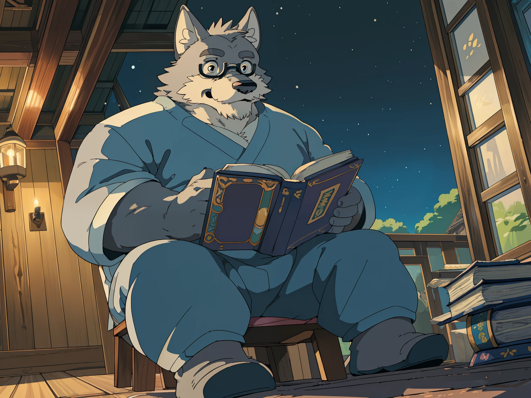 (ultra detailed), niji, furry, (gray-black fur:1.5), white thick beard, old mustache, mustache, beard, ((grandfather:1.5)), anthro (wolf), male, ((old-aged)), white belly, tail, ultra detailed face, high details, high quality, (best quality,4k,8k,highres,masterpiece:1.2),vivid colors, (close up:1.5), by takemoto arashi, by yedsilent, by kazunoko, (enchanted detail of colors), anime illustration style, (studio ghibli style:1.5), positive vibes, (((cute))), looking the viewer, calm, wearing a old glasses, ((cold color)), at cottage terrace, (upperbody:1.4), center, first person perspective, reading a book, sitting on tatami, night time