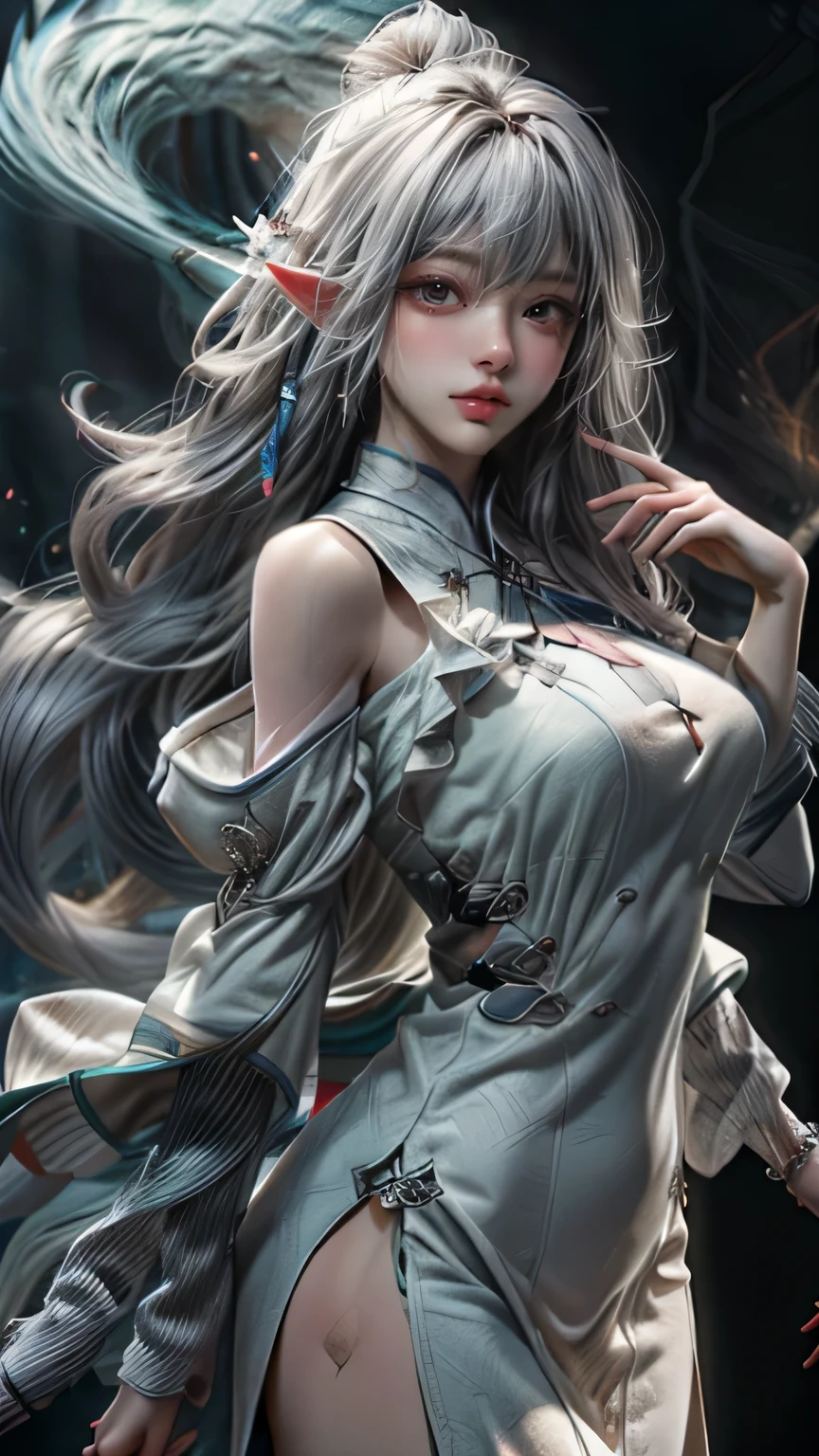 silver hair,wizard'cane,(masterpiece, Highest quality, Highest, official art, beautiful and aesthetic, exposed for a long time: 1.2), smooth movement, attractive pattern, 1 girl, (long dress with sleeves: 1.3), (((white clothes) )), Upper body close-up, bare shoulders, Big eyes, blush, black lob hair, portrait, alone, Upper body, observe the observer, detailed background, detailed face, (crystal AI, crystal theme:1.1), wind elf, Rotating wind, control the wind, White crystal clothes, dynamic pose, suspended particles, ether dynamics, whirlwind, vapor, whirlwind in the background, white tone, whirlwind, great atmosphere,blonde,goblin, silver hair, plump face,emerald green eyes:1.5,random pose、single、round face,wizard with big jewel'cane