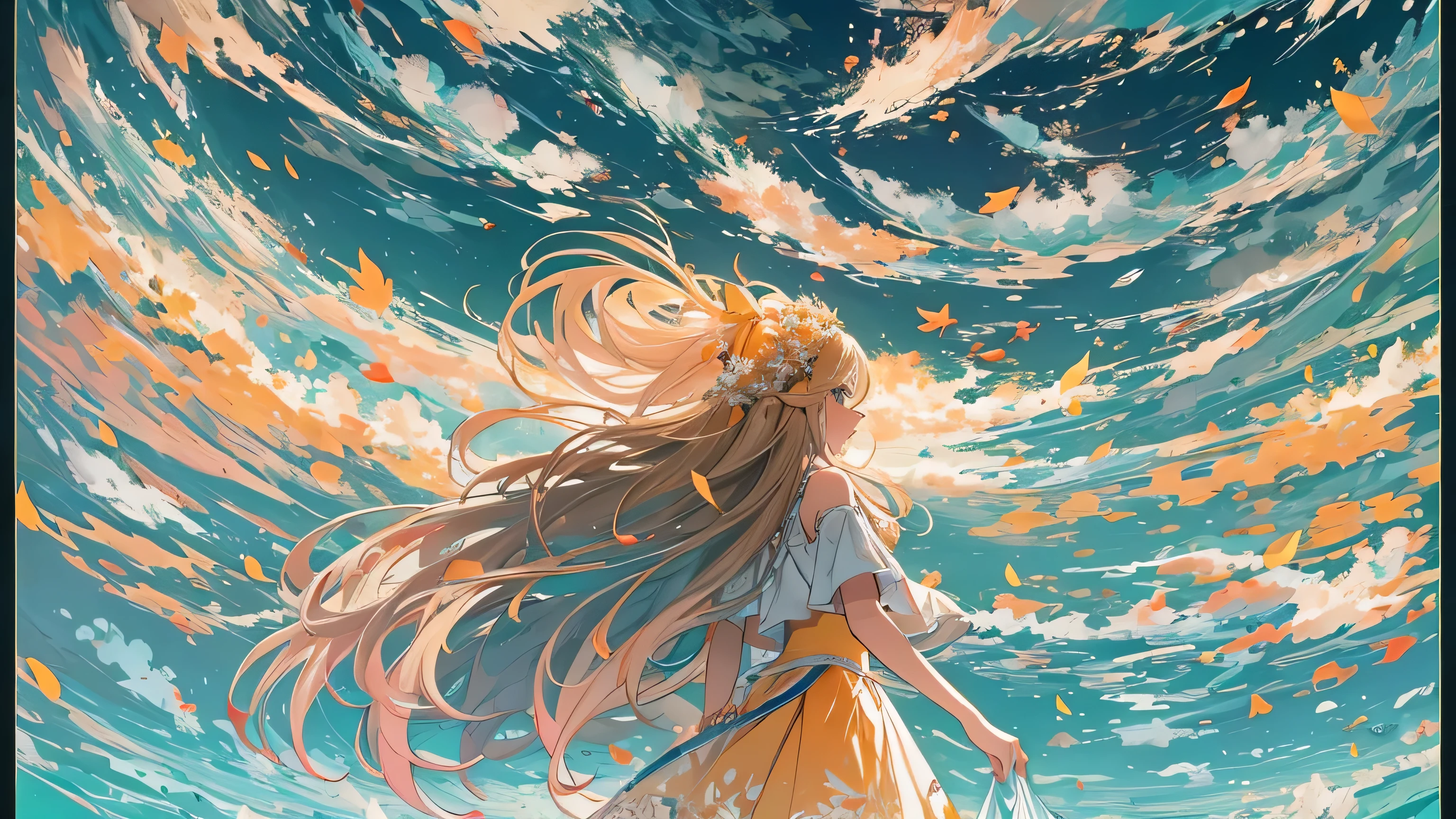 A woman with long blond hair stood on the grass covered with flowers., Long hair flowing in the wind, Wearing a white sleeveless dress，The skirt flies with the wind, leading a(Ibrahimovic).
BREAK With a loving expression, She guides them to their destination.
break behind her, An orange-yellow maple forest extends into the distance, Orange leaves fly with the wind, There is a clear river next to it, Mountains rise in the distance.