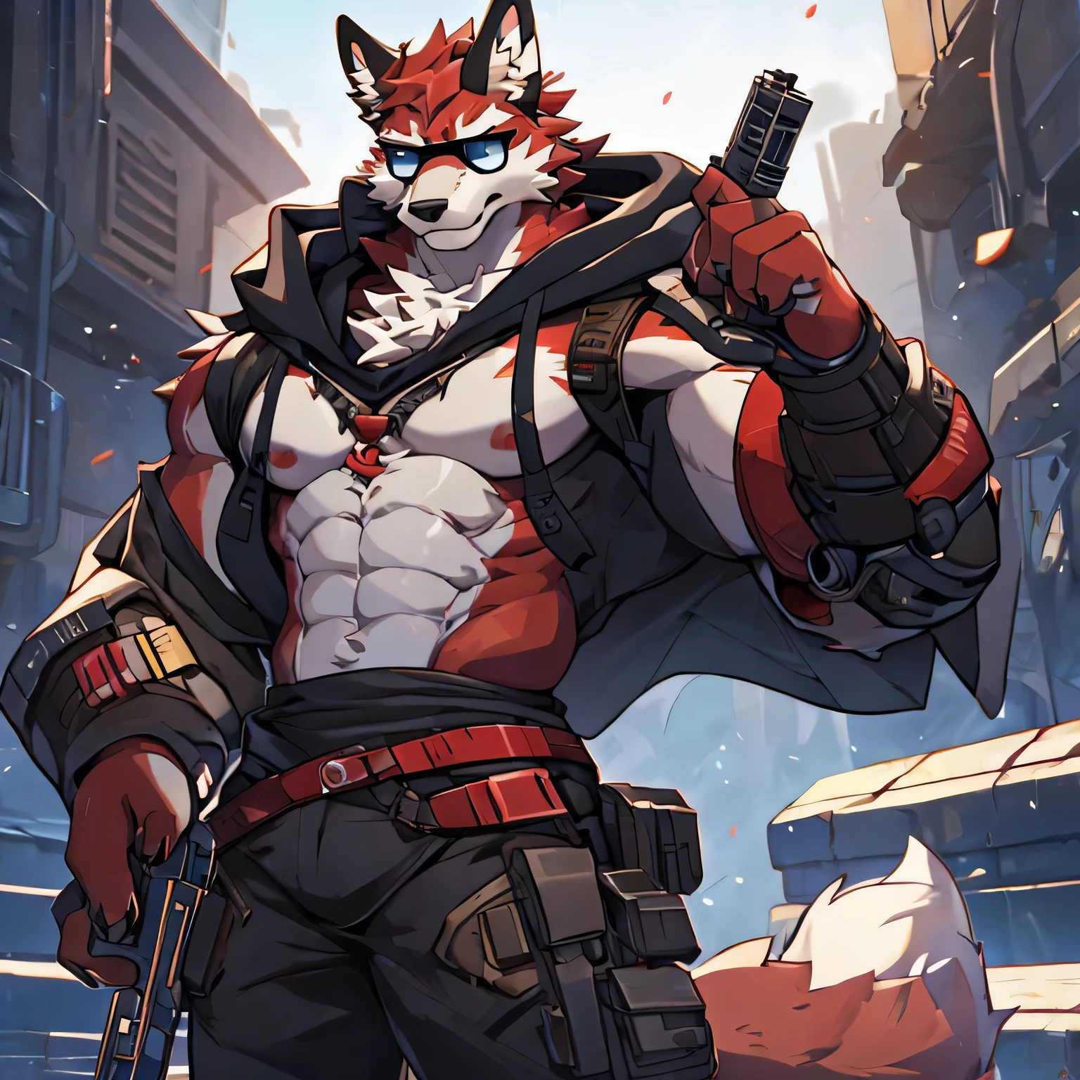 4k, actual, high detail, super detailed, fox，Wasteland wind，Sunglasses with a sense of technology，One hand is a robot arm，with hood，Abs loom，red fur，Strong body，gun in hand，Face the screen