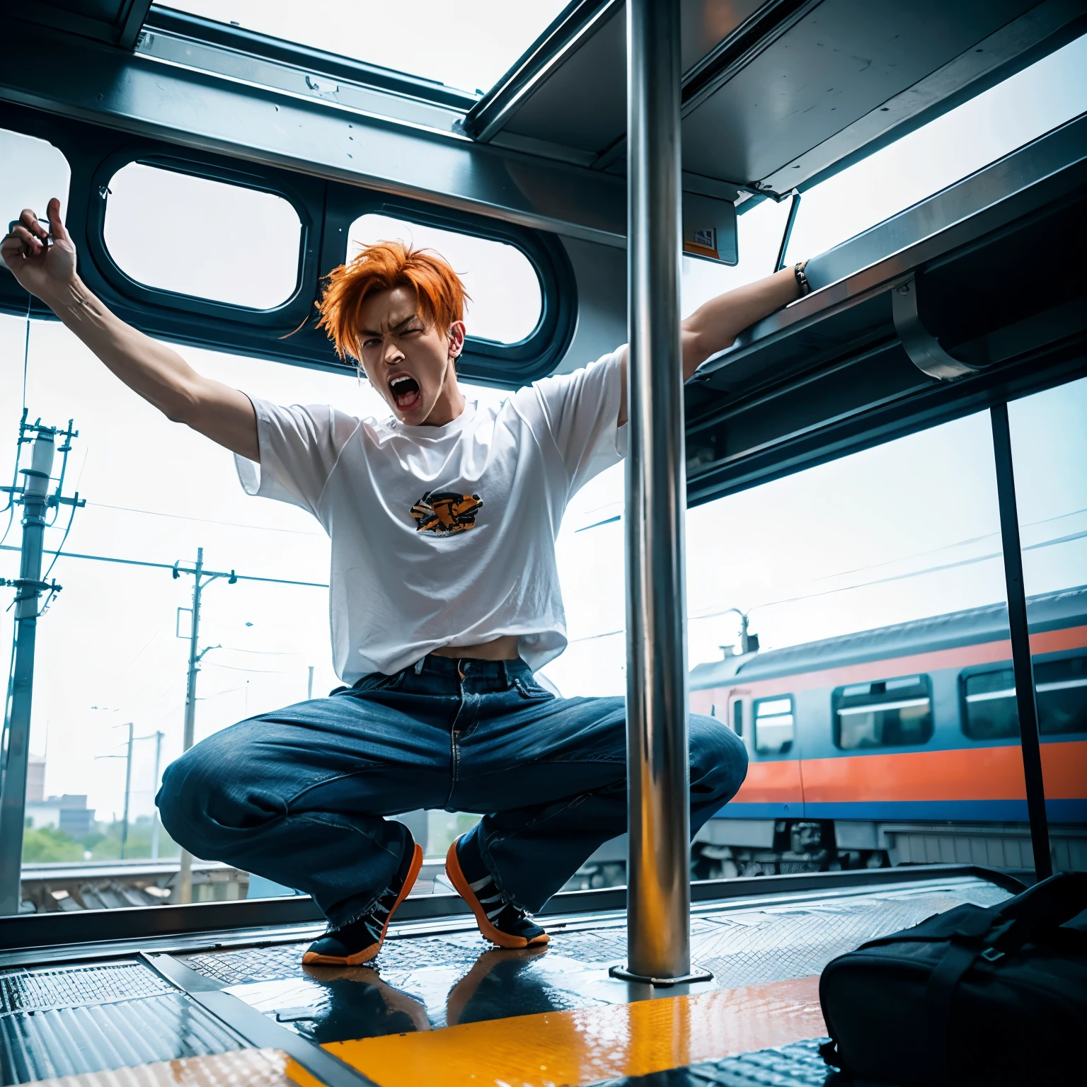 A man so angry that he explodes,他Squatting on the roof of the train,He is standing on top of the train,Squat down,Butt facing the audience,Take off your pants to reveal white,Squatting on the roof of the train,A thin man with dyed hair wearing headphones,orange hair,fluffy,Playing games on mobile phone,His expression was angry and surprised,He is wearing white short sleeves and blue jeans,There is also a pair of super expensive AJ shoes,He was furious,He is gay。