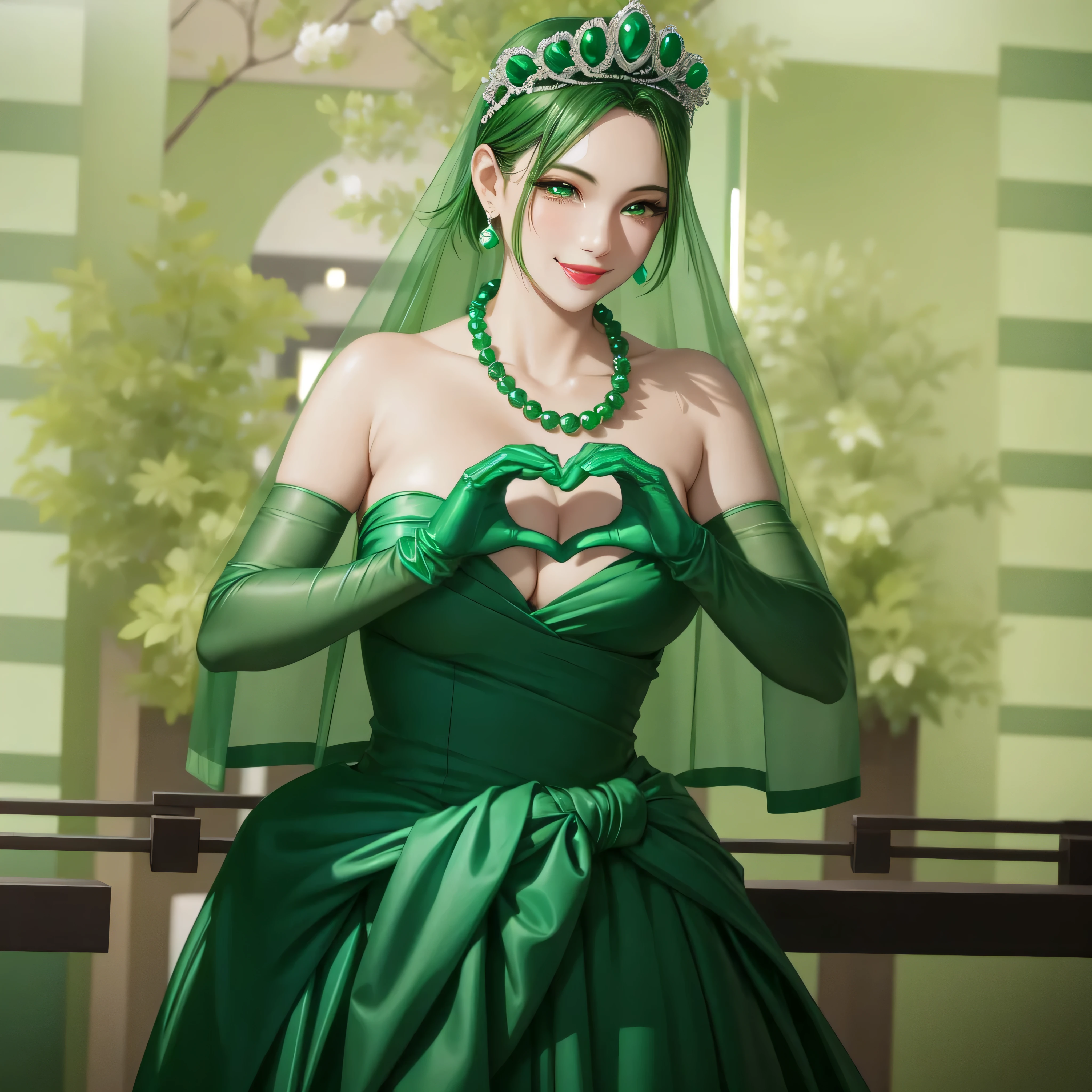 emerald tiara, green pearl necklace, boyish very short green hair, green lips, smiling Japanese woman, very short hair, Beautiful woman with big breasts, green eyes, green satin long gloves, green eyes, emerald earrings, green veil, Heart with both hands, green hair, beautiful japanese woman, heart shaped hands:1.3, green lip gloss
