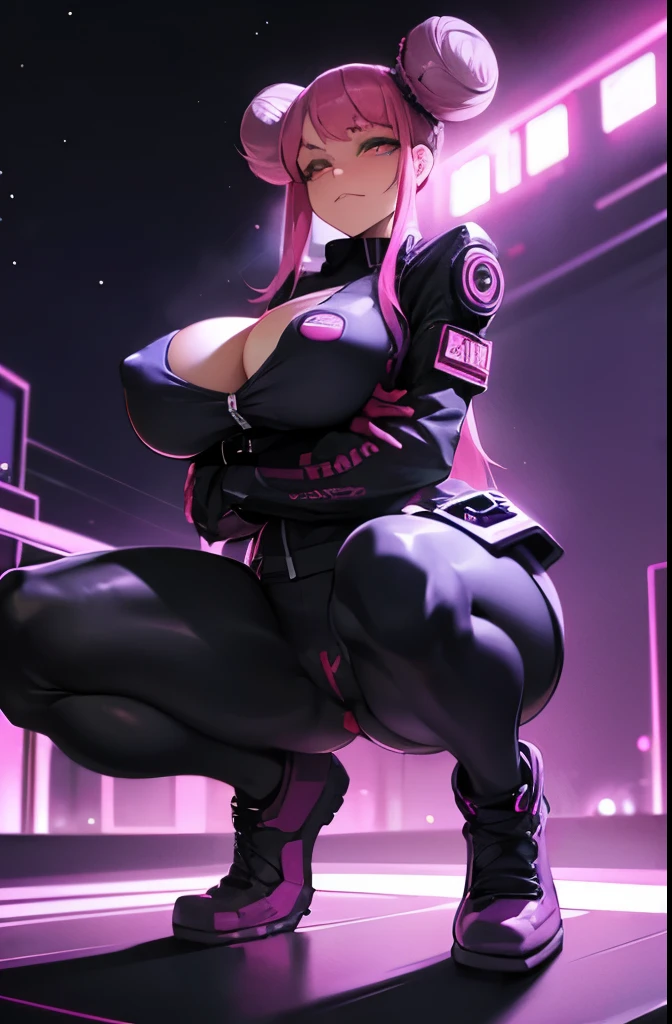 ((cyberpunk aesthetic)), (full body), (cyberware), (showing skin), (((large_breasts))), (pink_hair), (double bun hair), (red light district city background), (glowing lights), (starry night sky) (confident expression), (smug expression), (seductive), (pasties)
