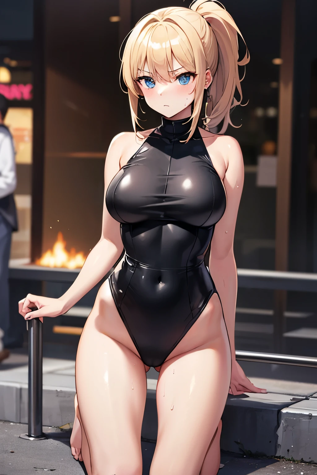 new york city,1 girl,Are standing,blonde,ponytail,blue eyes,blush,serious face,Sweat,black leotard,high leg cut,barefoot,large crowd of people,
