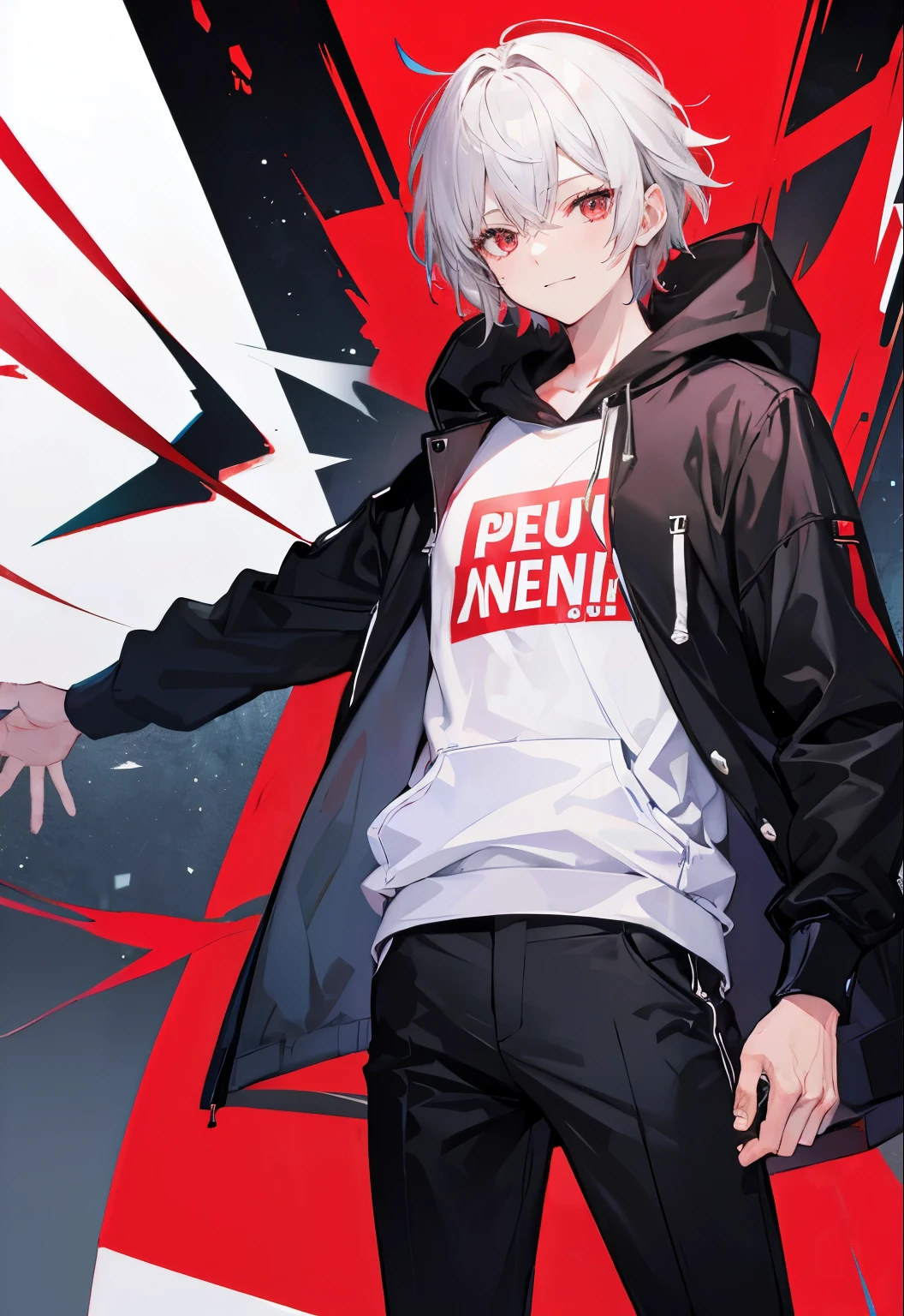 High resolution, 2D anime style,,cool men,red eyes,short hair,silver hair,Fashion wearing a hoodie,he is smiling a little,