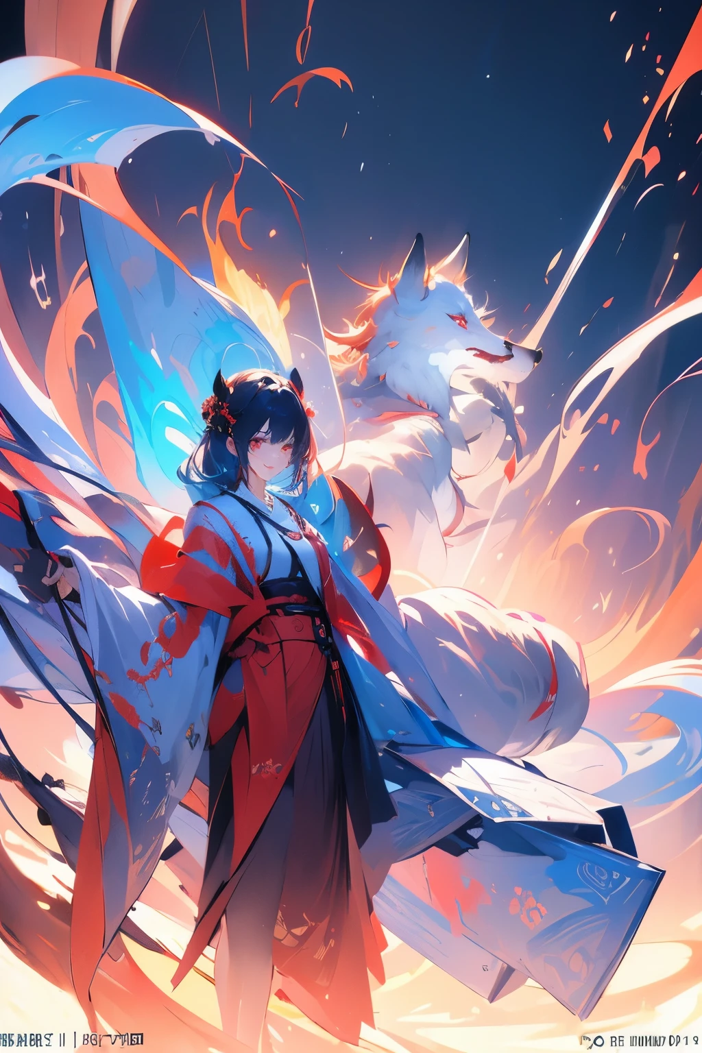 Smiling Rei Ayanami's masterpiece, (fox demon), fox tail, , Red eyes, feminine,Excellent figure, blue hair,, Shadow flat illustration, The art of math, Popular topics on ArtStation, Very detailed, fine details, complex, neon color