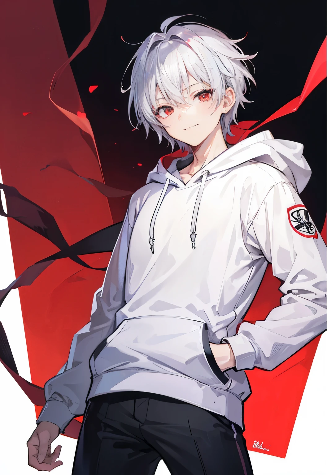 High resolution, 2D anime style,,cool men,red eyes,short hair,silver hair,Fashion wearing a hoodie,he is smiling a little,