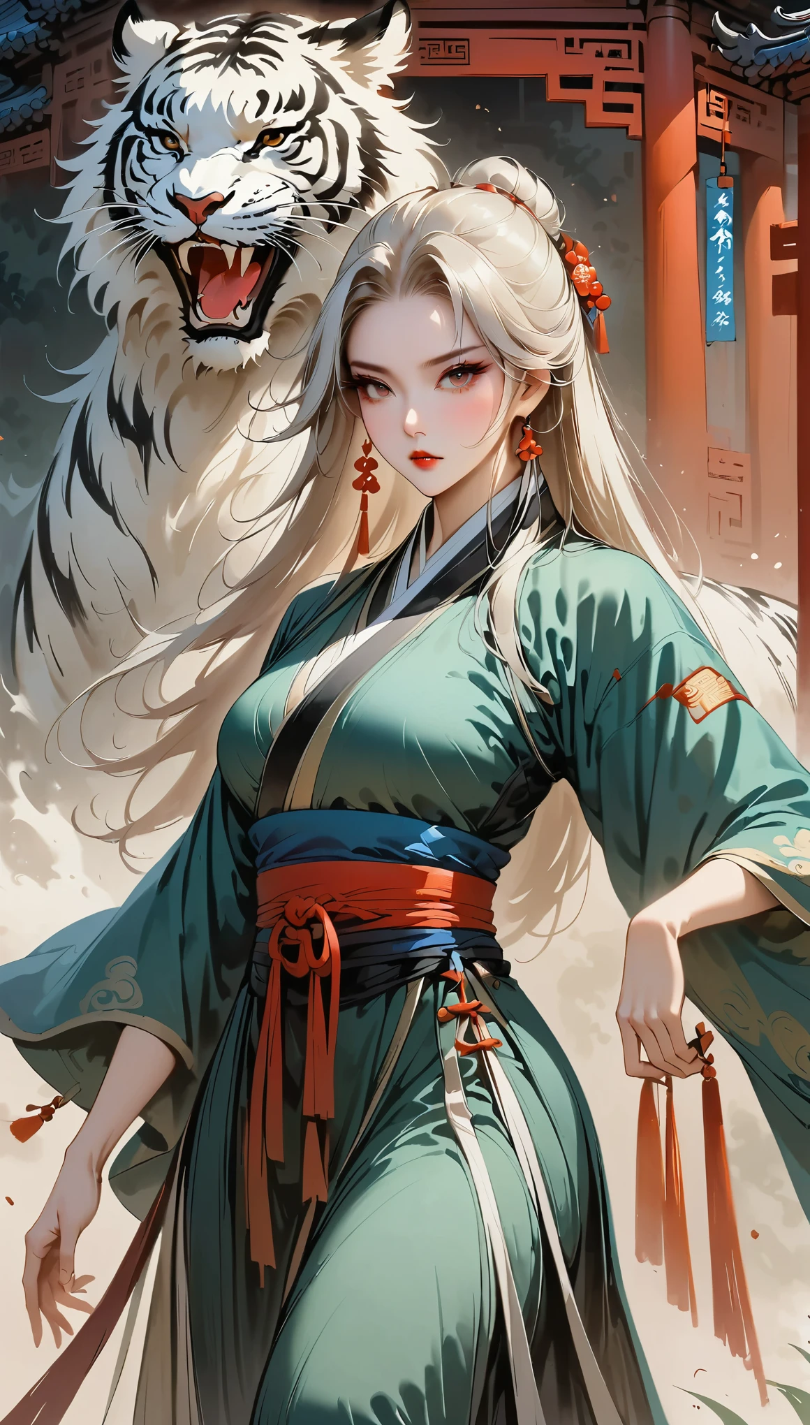 (masterpiece, best quality:1.2), female general，white hair，metal armor，tiger：1.37，black hanfu，elegant，simple，Ink martial arts style，Chinese elements，comics，Black ink-splashed background