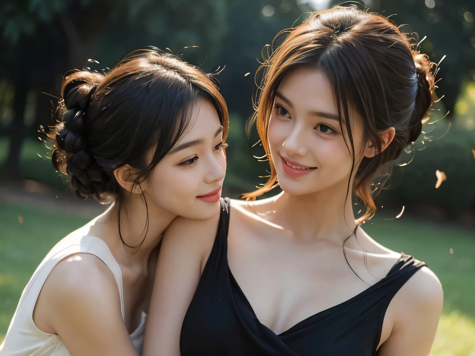 ancient roman sculpture,Ancient Roman ruins,Poussin-style landscape,A smile,,Sweet and seductive appearance.、Caravaggio's paintings、Chiaroscuro of Caravaggio、Hair disheveled in the wind,Two women frolicking,Cute smile, Expression of ecstasy,A sexy