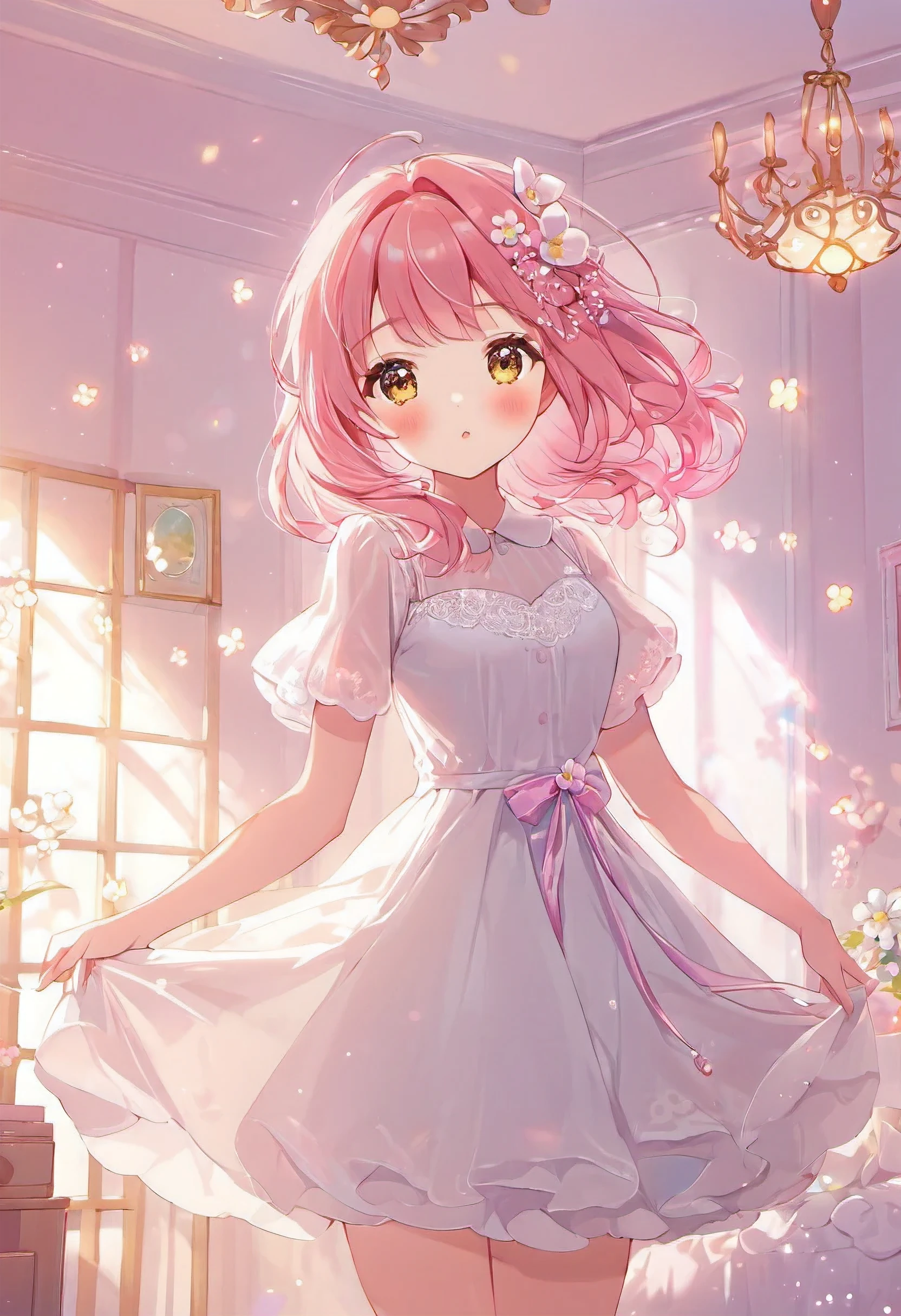 Beautiful woman, long pink hair, detailed shading, short white flower dress, lights, cute room background, masterpiece, beautiful