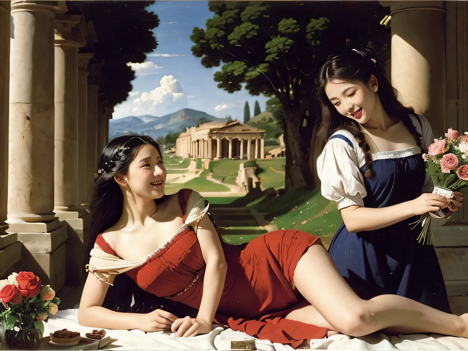 Giorgione painting style,Arguments of two female Philosophe,math、astronomical machine、astronaut、roses in vase、fruits、Cute trinkets、smile、ancient greek costume、Ancient Roman landscape in the style of Nicolas Poussin,laughter,,Sweet and seductive appearance.、Caravaggio's paintings、Chiaroscuro of Caravaggio、hair tousled by the wind,Two women frolicking,cute smile, expression of ecstasy,Sexy,erotic