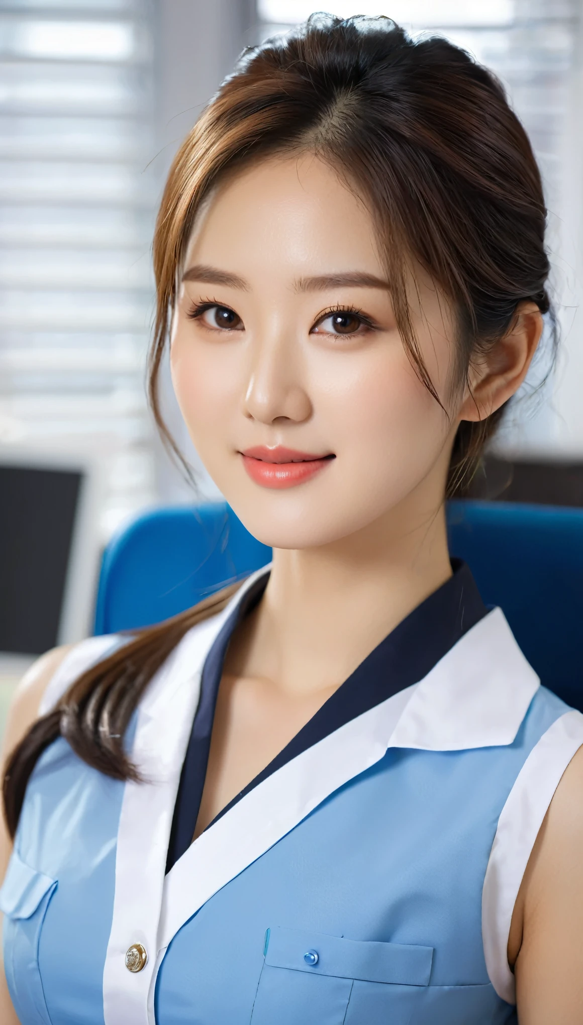 close-up shot of beautiful korean female, 36 inch breasts size, slightly smile, wearing dresed in a blue, black and white themed sleeveless collared seller center uniform, sitting in the the office,