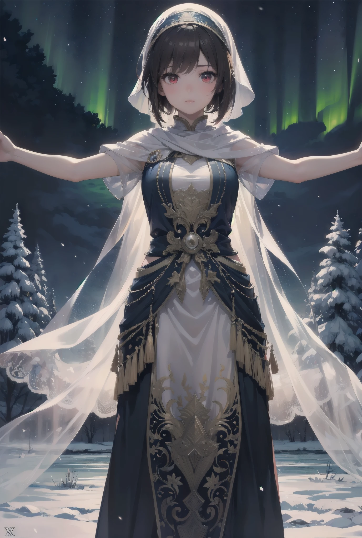 (Female): alone, (perfect face), (detailed costume), (), traveller, (very pretty), curious, observing expression, (outstretched arms), brown hair, bob cut, side ponytail, red eyes, light skin, medium bust, (Arabic dress), (headscarf), (veil) ( Background): front view, tundra, frozen plain, snow covered trees, frozen lake, aurora borealis, night, transparent (Effects): (Masterpiece), (Top quality), (Sharp focus), (Depth of field), (High resolution), artistic realistic illustration, fantasy effects, steam, seven-colour fluorescent luminous particles group