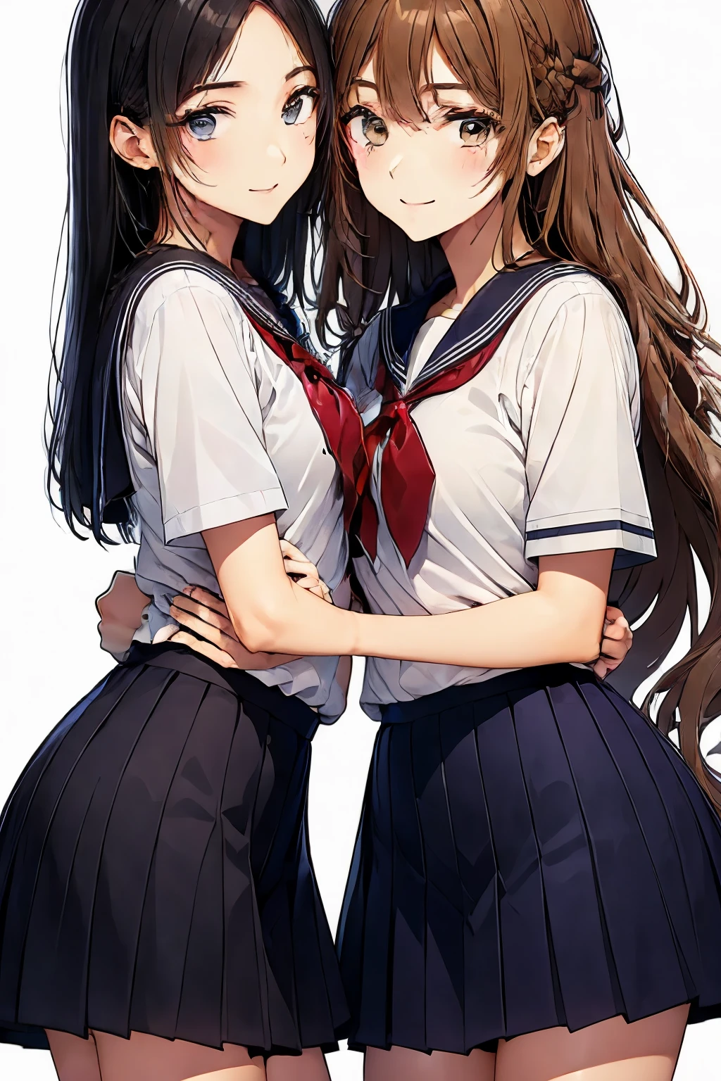 Two high school girls hugging each other、seductive smile