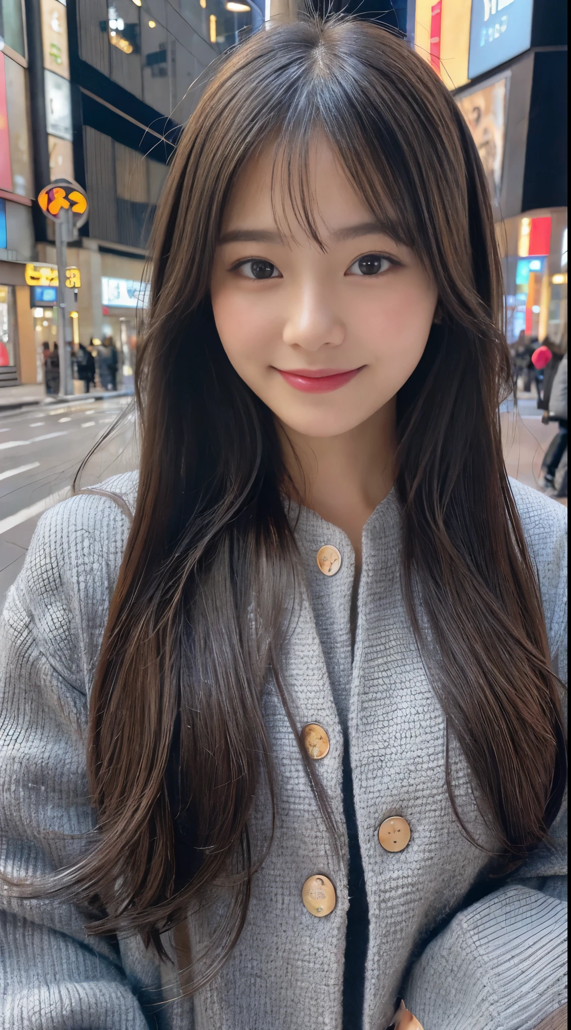 close up shot、look at the camera、(high quality, High resolution, Super detailed, realistic:1.37), ((long hair))、、B cup、Features beautiful details, cute（smile 1.6）, ｟black hair｠、Tokyo&#39;Latest gray fluffy winter clothes、city