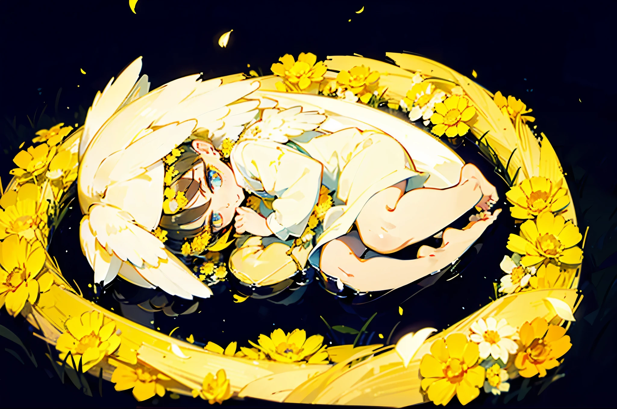 Fine picture，light encounter，Movie-level CG graphics，high quality，Single screen，close up，Angel，Surrounded by a circle of golden flowers，glowing flowers，wreath，Lying on the dark grass，Lying on your side，侧lying on the grass，Beautiful boy，Small and exquisite，nude，little boy，baby boy，lying on the grass，被发着金色光芒的wreath包围，big eyes，Blind screen，staring at the audience，expressionless，侧lying on the grass，Lying on your side，long hair，golden hair，curls，long hair，hair covering body，Hair covers the body like a quilt，Angel丘比特，Pathetic，cute。