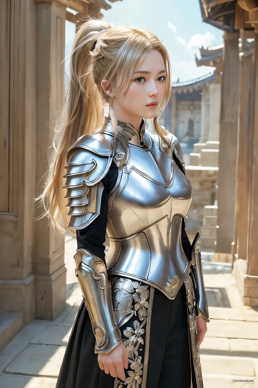 (8K, best quality:1.2), (masterpiece:1.37), (photo, photorealistic:1.37), (ultrahigh-res), full body, walking pose, shot from front, slow motion, female paladin wearing the full body, (light silver armour:1.2),(ornately decorated armor), (insanely detailed, bloom:1.5), (highest quality, Alessandro Casagrande, Greg Rutkowski, Sally Mann, concept art, 4k), (analog:1.2), (high sharpness), (detailed pupils:1.1), detailed face and eyes, Masterpiece, best quality, (highly detailed photo:1.1), (long blonde Hair, ponytail,ecstatic:1.1), (young woman:1.1), sharp, (perfect body:1.1), realistic, real shadow, 3d, (temple background:1.2), (by Michelangelo), photographed by Canan EOS R6, 135mm, 1/1250s, f/2.8, ISO 400