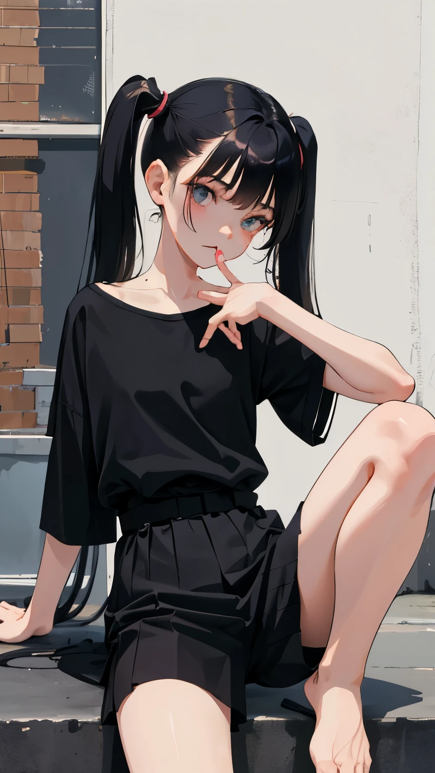 (short cute girl,small young student,young delicate girl),(masterpiece,Top quality),squat,,short sleeve,Long twin tails with black hair,sleepy