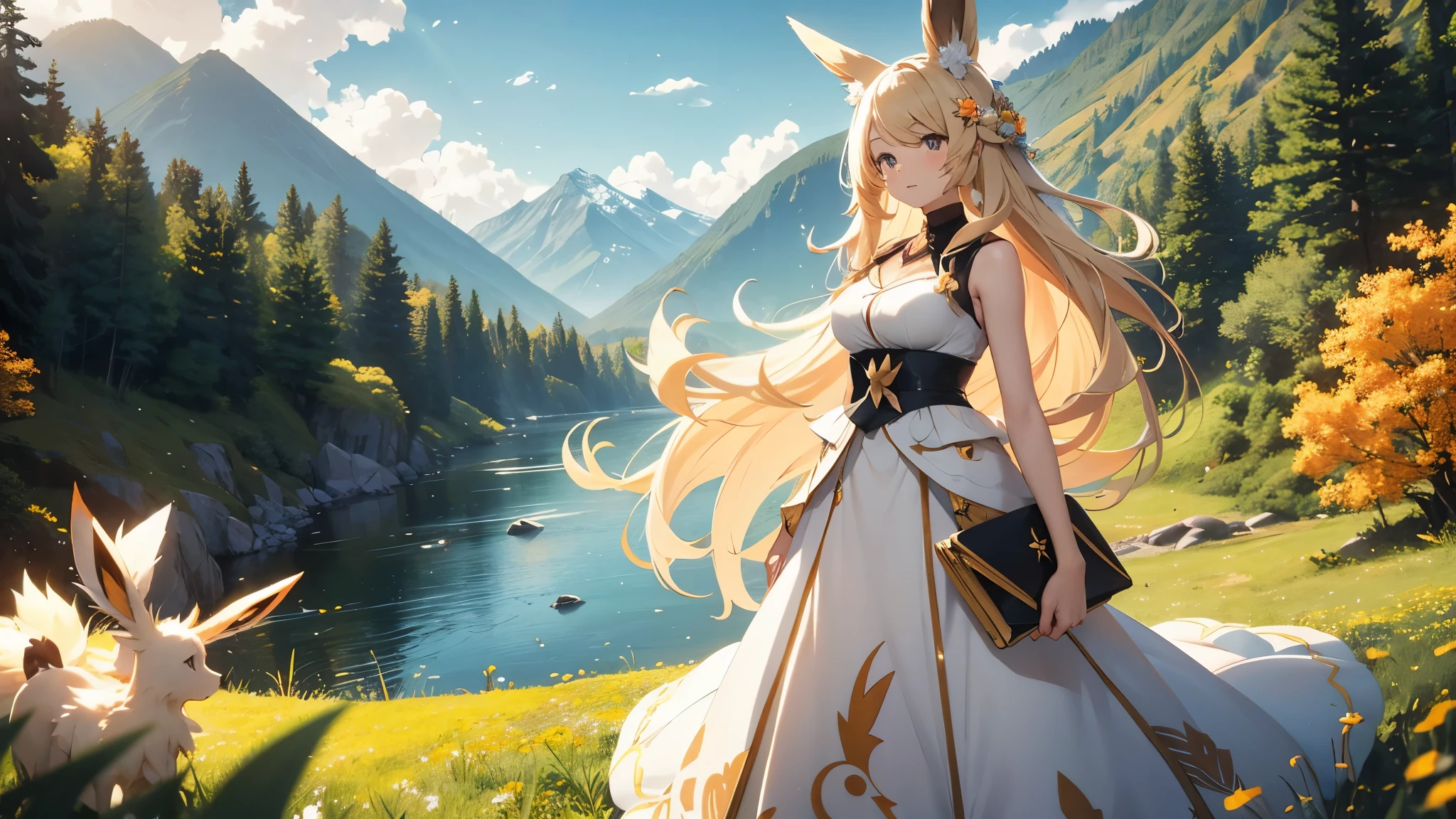 A woman with long blond hair stood on the grass covered with flowers., Long hair flowing in the wind, Wearing a white sleeveless dress，The skirt flies with the wind, leading a(Pokémon Eevee).
BREAK With a loving expression, She guides them to their destination.
break behind her, An orange-yellow maple forest extends into the distance, Orange leaves fly with the wind, There is a clear river next to it, Mountains rise in the distance.