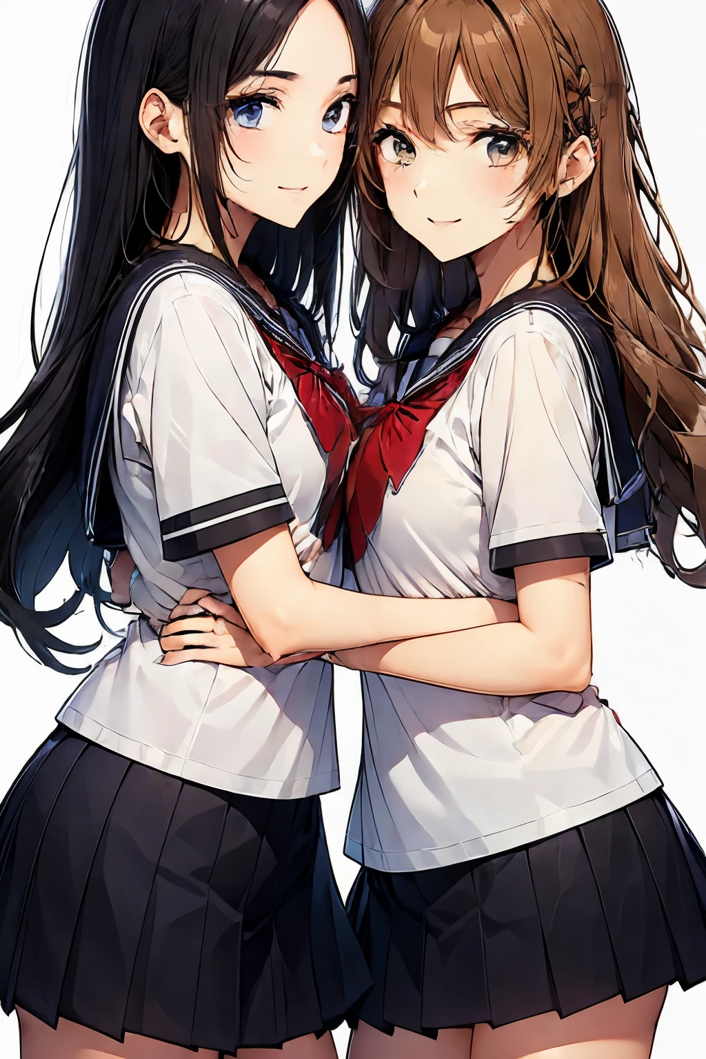 Two high school girls hugging each other、seductive smile