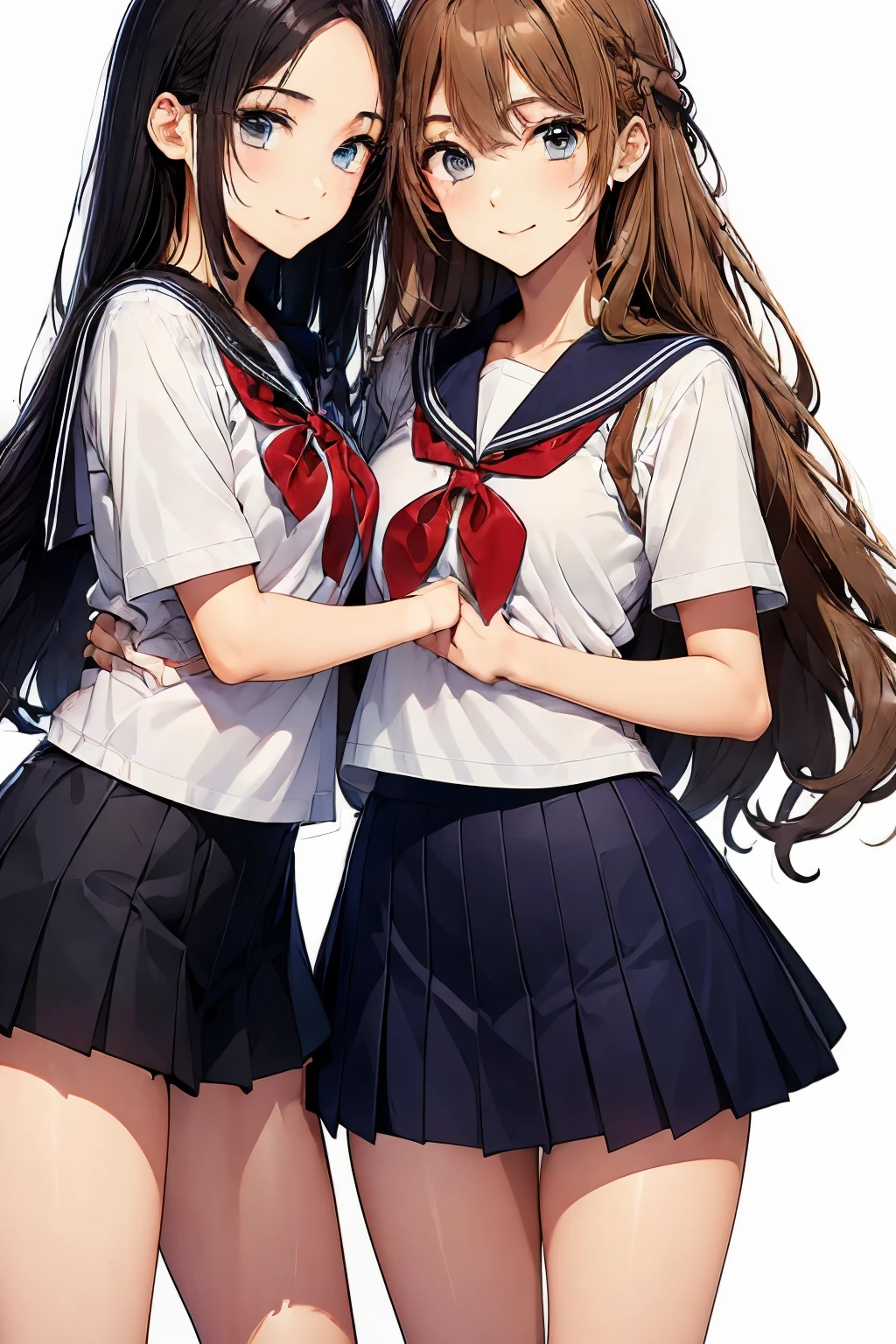 Two high school girls hugging each other、seductive smile