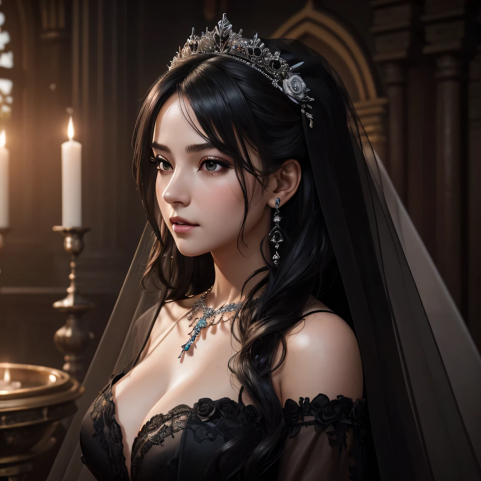(Masterpiece), best quality, highest quality, highly detailed CG unity 8k wallpaper, original, high resolution, (depth of field: 1.5), fidelity: 1.3, breasts, bride portrait style, 1 girl, altar background, black veil , black wedding dress, necklace lou, solo, earrings, black_hair, red bouquet of roses