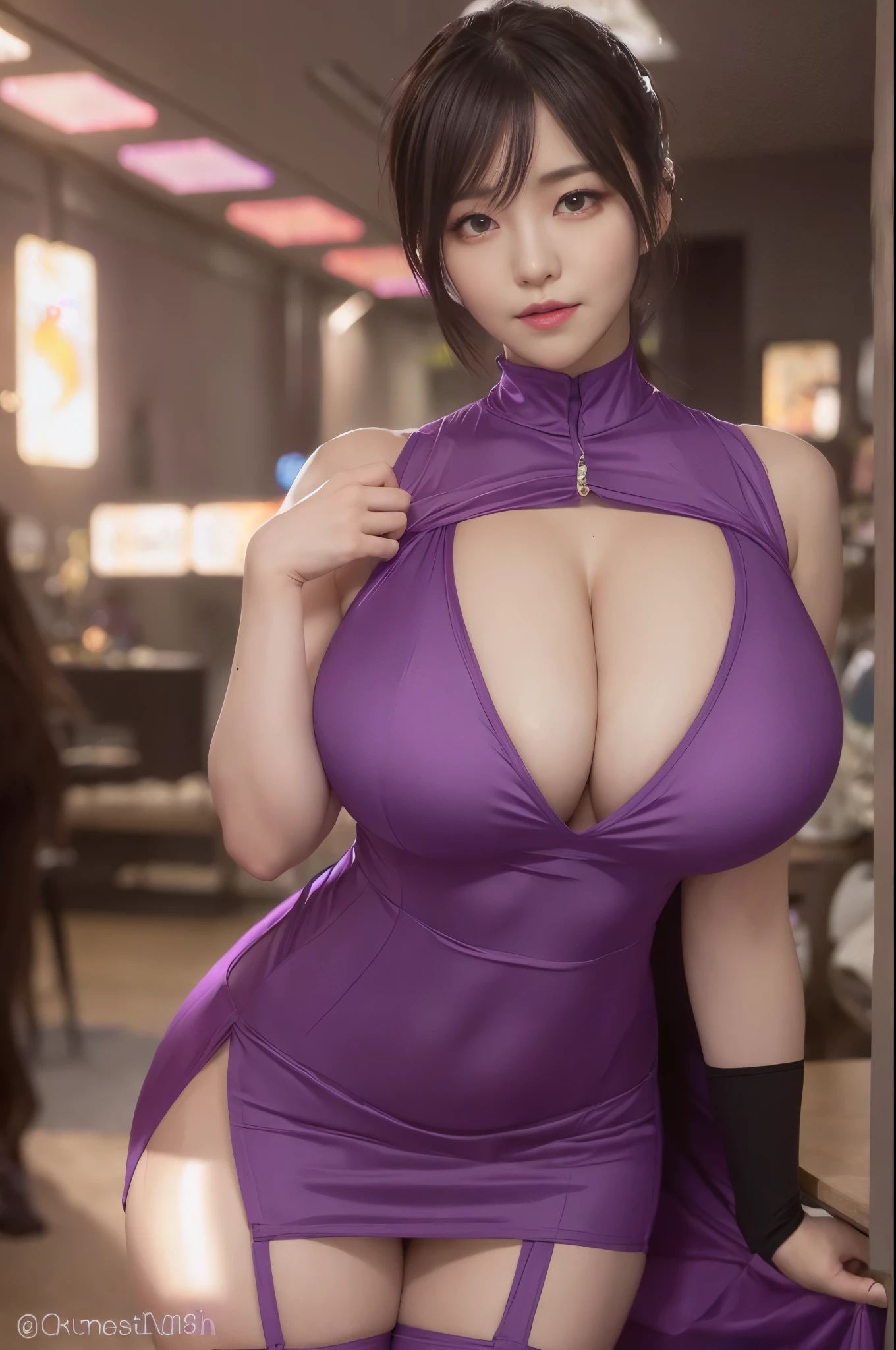  masterpiece:1.3), (High resolution:1.1), Detailed beautiful face, Detailed beautiful, (huge breasts, gigantic breasts:1.4 araffe asian woman in a purple dress posing for a picture, sexy dress, oppai cyberpunk, purple body, oppai, succubus in tight short dress, japanese goddess, photorealistic perfect body, smooth purple skin, hyperrealistic full figure, oppai proportions, sakimichan hdri, purple dress, hyper realistic , thicc, korean girl, Korean sexy 