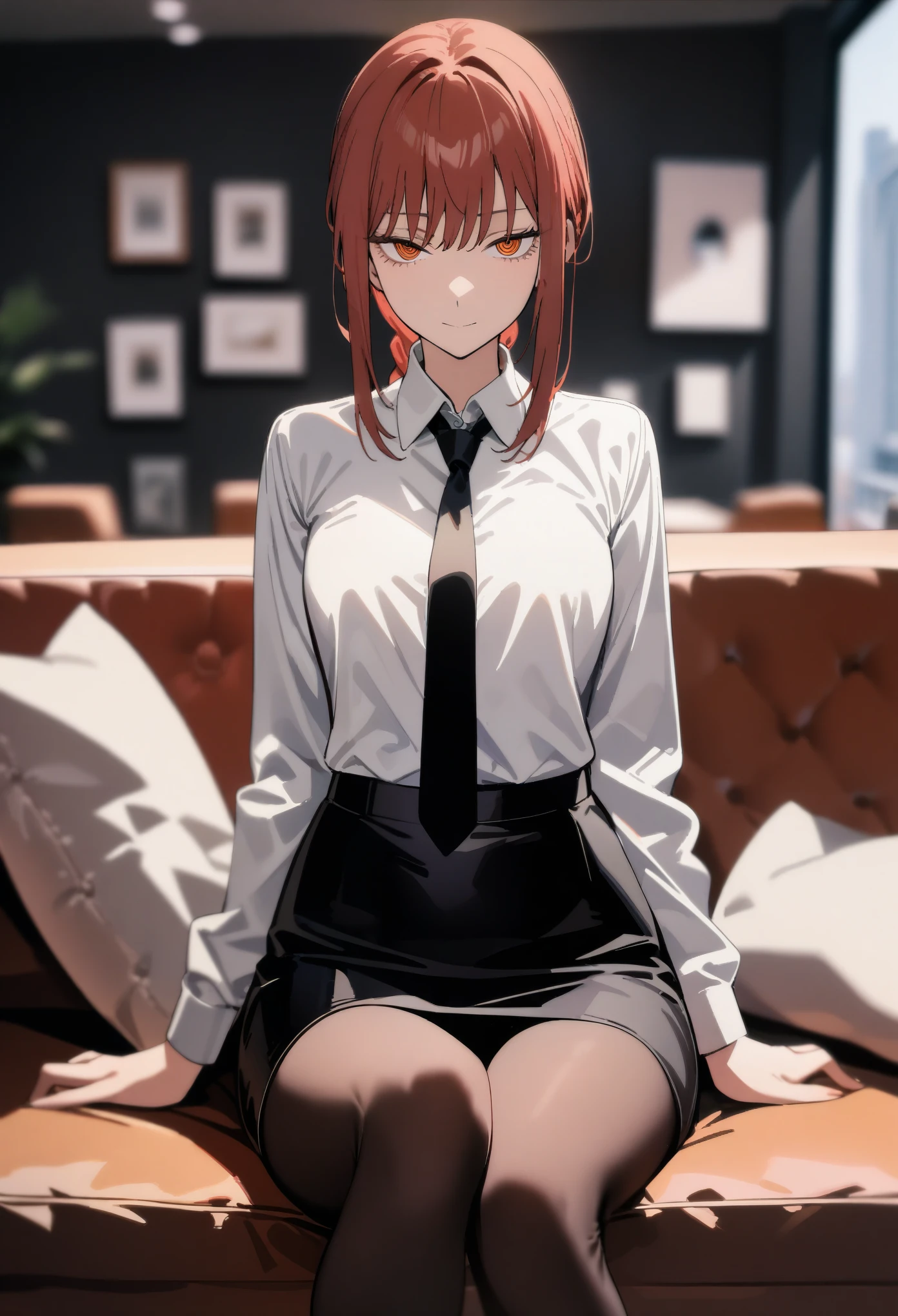 1girl, makima, chainsaw man, red hair, spiral eyes, (smirk:0.6), half-closed eyes, looking at viewer, wearing white shirt, black pencil skirt, pantyhose, necktie, (cowboy shot:0.7), front view, (depth of field), long shot, sitting on a sofa, gallary, office background, masterpiece, best quality, aesthetic, absurdres