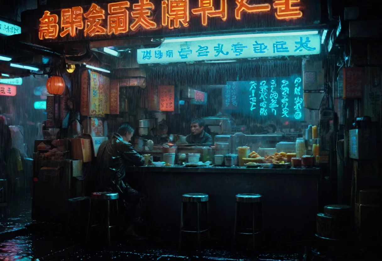 Deckard sitting at a noodle food stand, the stand has a neon sign that reads "SEAART NOODLES", in a wet tokyo bladerunner scene at night, the dreamlike reflections ripple across the various surfaces