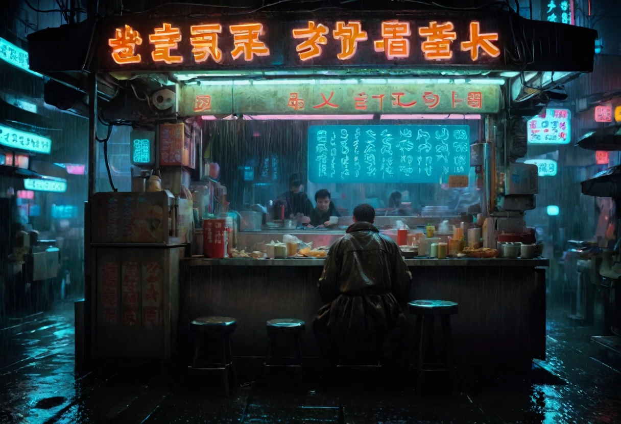 Deckard sitting at a noodle food stand, the stand has a neon sign that reads "SEAART NOODLES", in a wet tokyo bladerunner scene at night, the dreamlike reflections ripple across the various surfaces