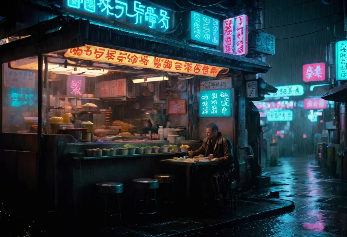 Deckard sitting at a noodle food stand, the stand has a neon sign that reads "SEAART NOODLES", in a wet tokyo bladerunner scene at night, the dreamlike reflections ripple across the various surfaces