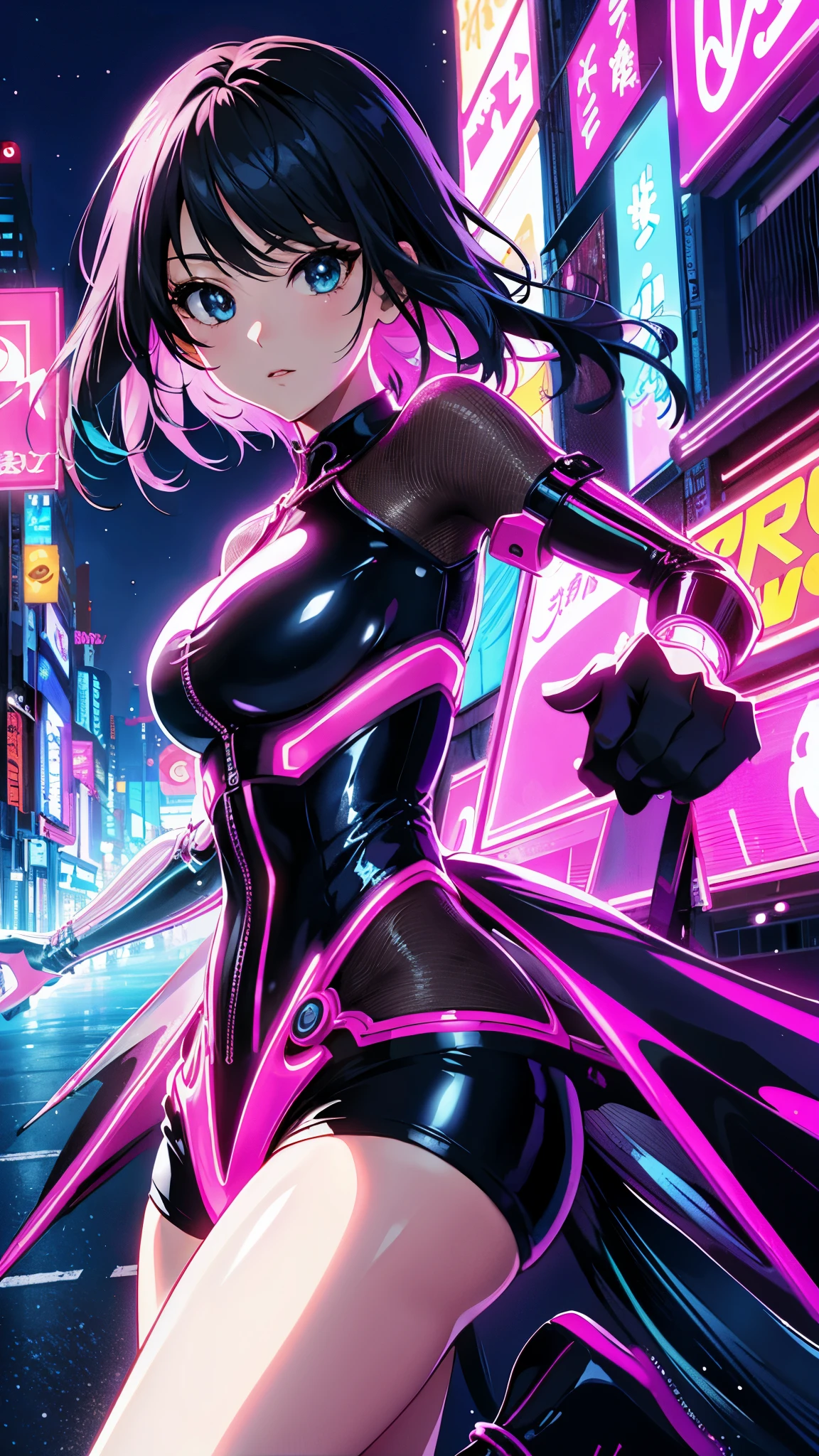 (highest quality、4K、8K、High resolution、masterpiece:1.2)、Super detailed、(anime style、photorealistic:1.37)、girl in neon clothes、neon light、Bright colors、Shining atmosphere、futuristic fashion、shiny fabric、neon sign、Bustling city streets、confident pose、vibrant energy、nightlife sensation、 dynamic movement、creative patterns、Intense saturation、edgy style、kaleidoscope reflection、Fashion Forward、fluorescent light