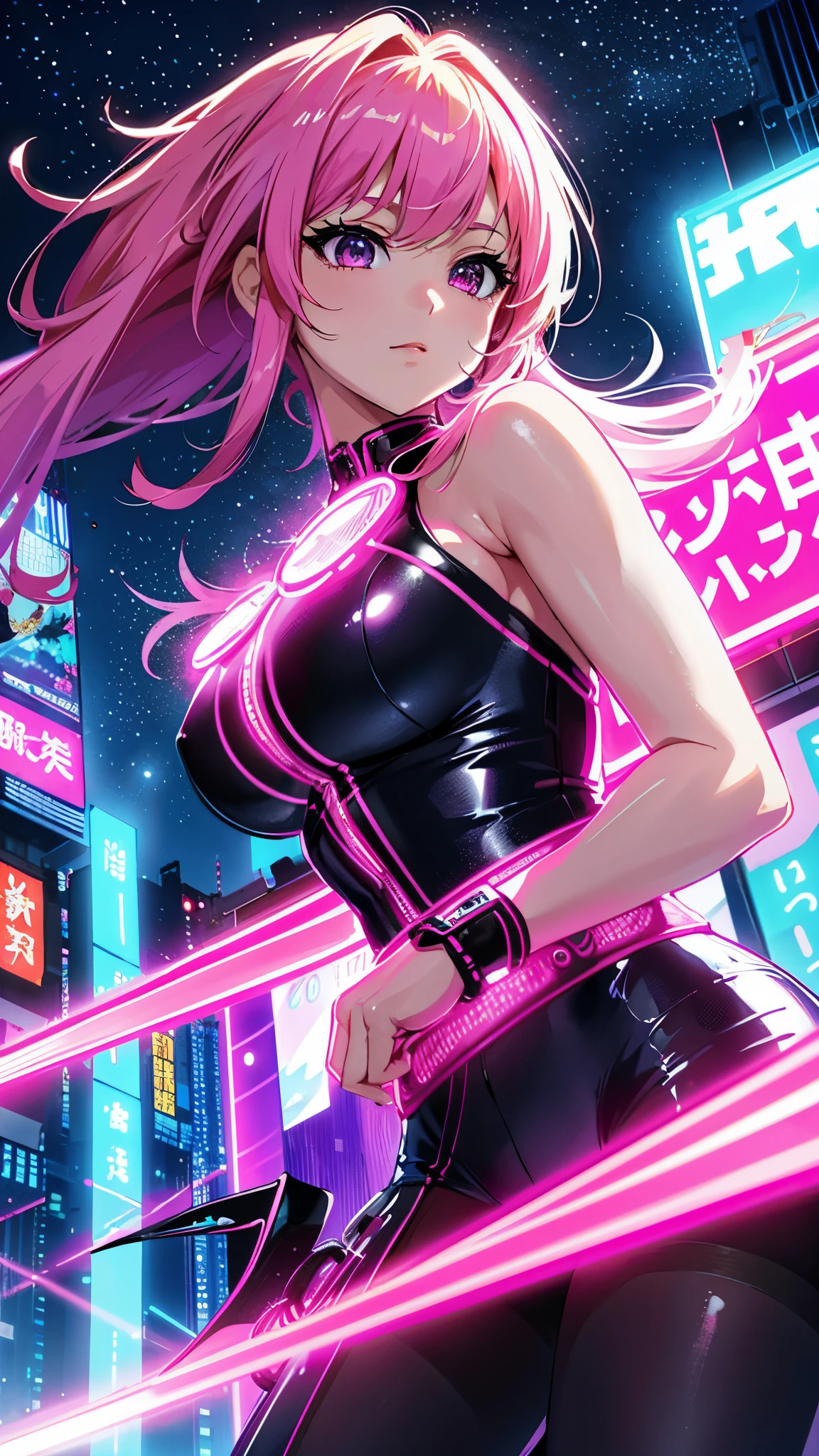 (highest quality、4K、8K、High resolution、masterpiece:1.2)、Super detailed、(anime style、photorealistic:1.37)、girl in neon clothes、neon light、Bright colors、Shining atmosphere、futuristic fashion、shiny fabric、neon sign、Bustling city streets、confident pose、vibrant energy、nightlife sensation、 dynamic movement、creative patterns、Intense saturation、edgy style、kaleidoscope reflection、Fashion Forward、fluorescent light