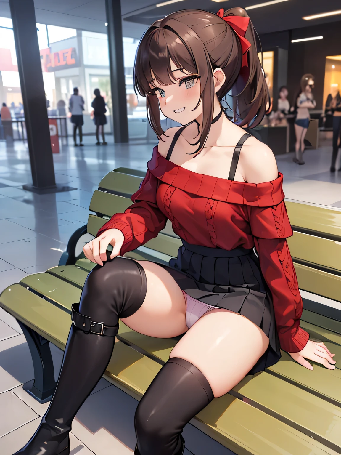 (masterpiece, top quality, high resolution, realistic photos, realistic looking skin:1.1),
(The woman is sitting on a bench in a shopping mall:1.8),
(She is sitting with her legs closed: 1.8),
(Her skirt is so short that you can almost see her panties: 1.8),
(Please use a panty shot of a woman looking straight ahead:1.8),
(Grinning and smiling expression:1.5),
(She is wearing a bright red off-the-shoulder knit:1.8),
(She is wearing a dark gray flared mini skirt:1.8),
(She is wearing black, middle boots:1.8),
(Panties are a loud color pattern:1.2),
(brown hair in a middle ponytail:1.5),
(small face:1.5),
(D-cup breasts:1.5),
(Location: bench in shopping mall:1.5),
1 Japanese girl, solo, full-bodied esbian, beautiful eyes, sparkling eyes, NSFW