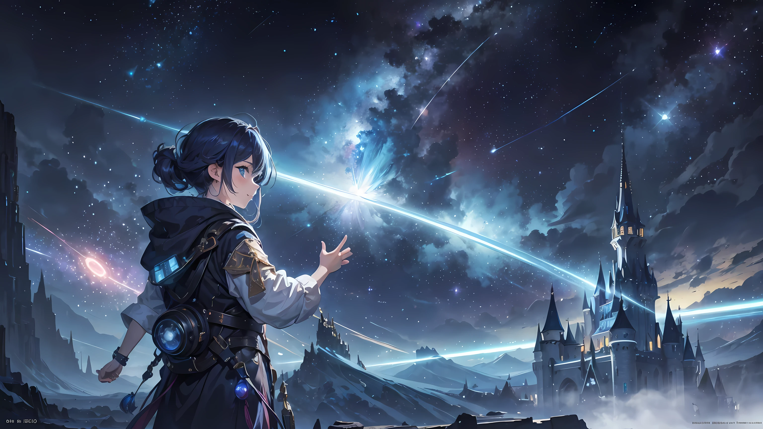A 5 year old toddler,Pointing to distant cosmic nebulae,Leaning against the tree,(Seven colored hair:1.5),smile to the side,Reach out your hand,Exquisite facial features,blue eyes,beautiful,happy,beautiful castle in the distance,Surrealism,Magic and the light of technology,flowing sparkling liquid,rapidly moving light beam,Time-stretched particle behavior,fantasy background,Background of technological sense,fantasy,celestial body,concept art,radiation,Caustics,diffraction,epic composition,Particles fly along the scene along the lines,Colorful best quality, High Resolution Masterpiece、best quality、Extreme details、illustration、ultra high definition,Ultra-detailed,8k