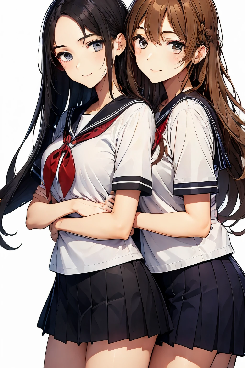 Two high school girls hugging each other、seductive smile